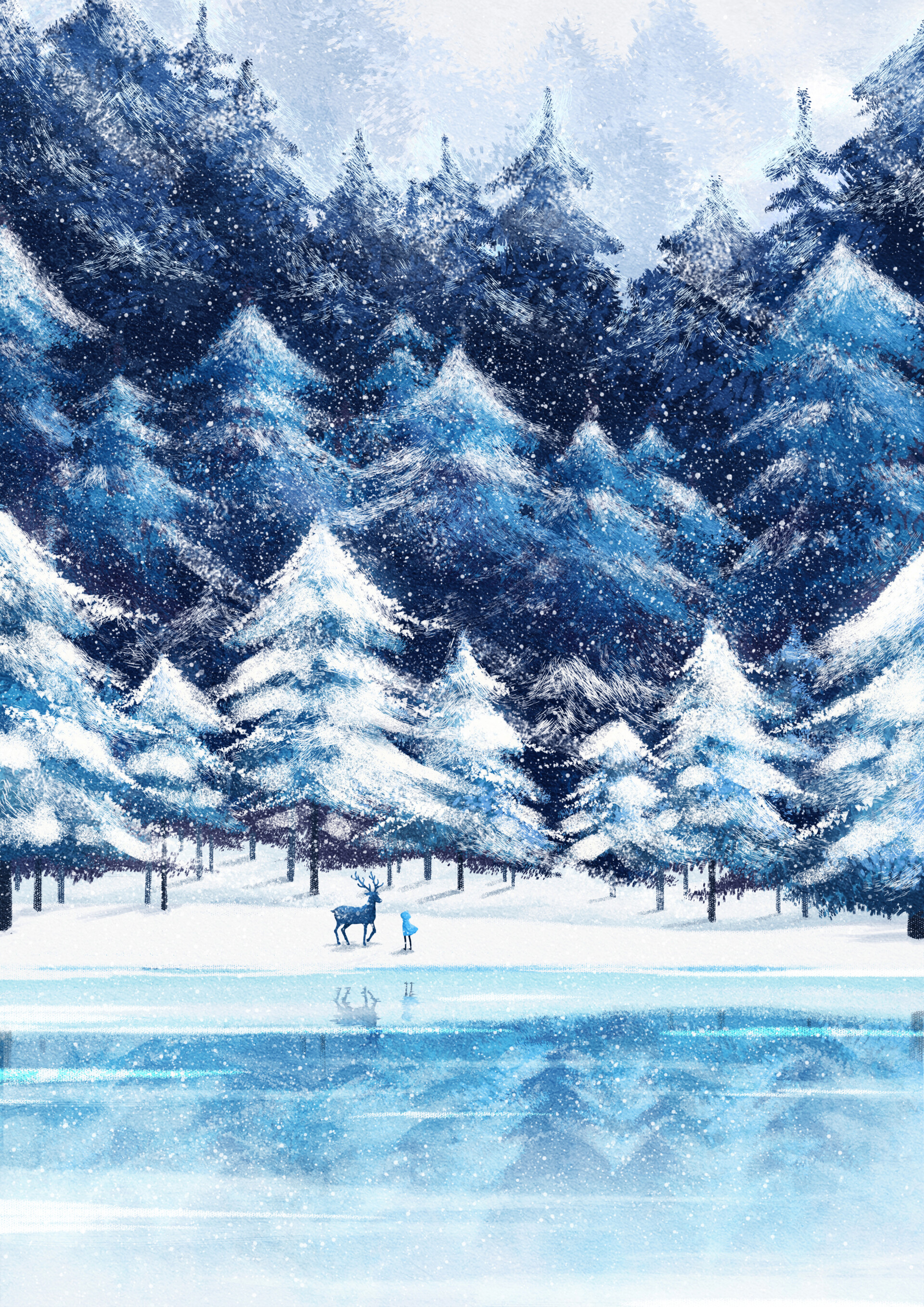 art, deer, winter, snow, silhouette, forest 1080p