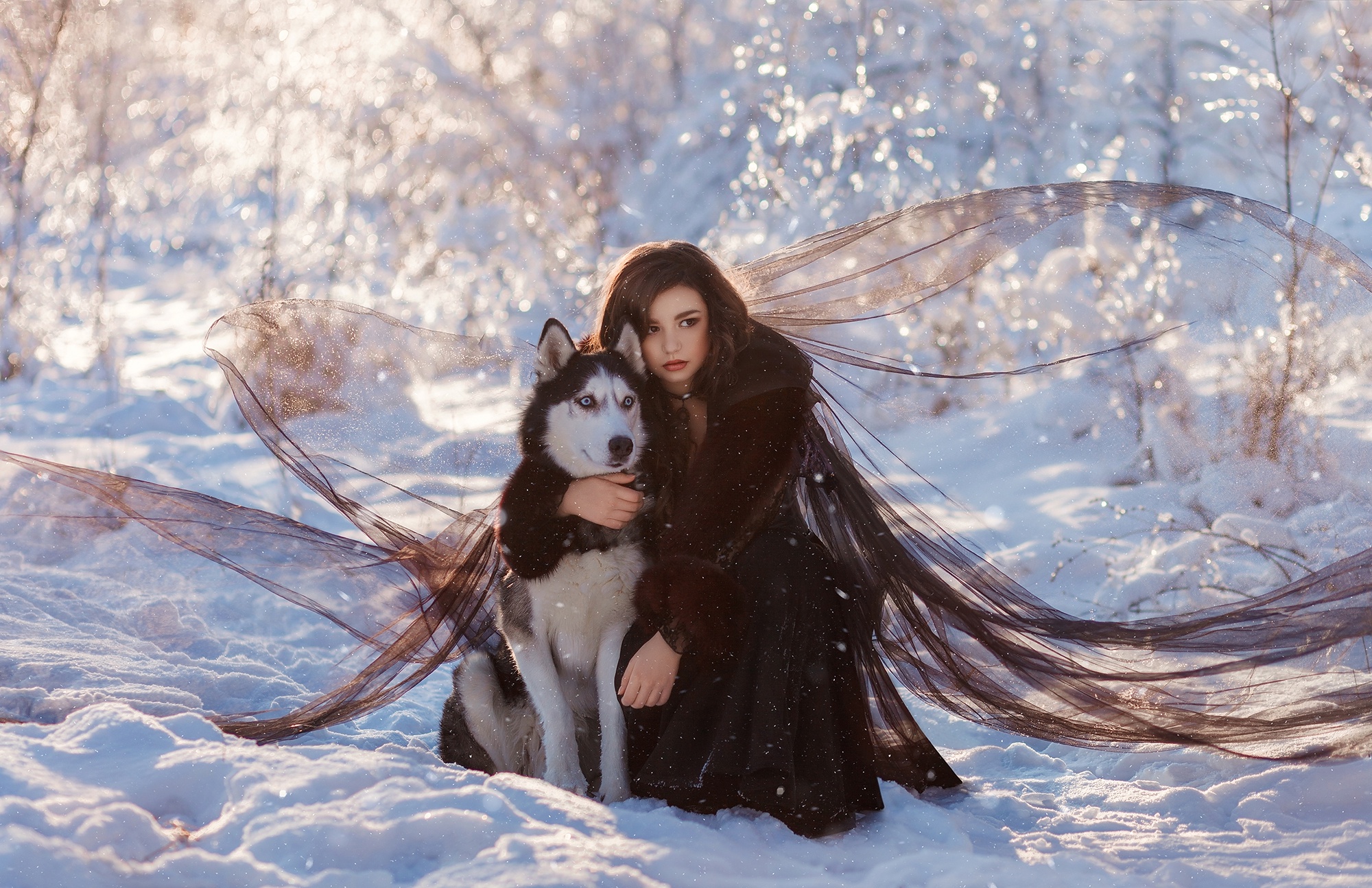 Download mobile wallpaper Winter, Snow, Dog, Husky, Model, Women for free.