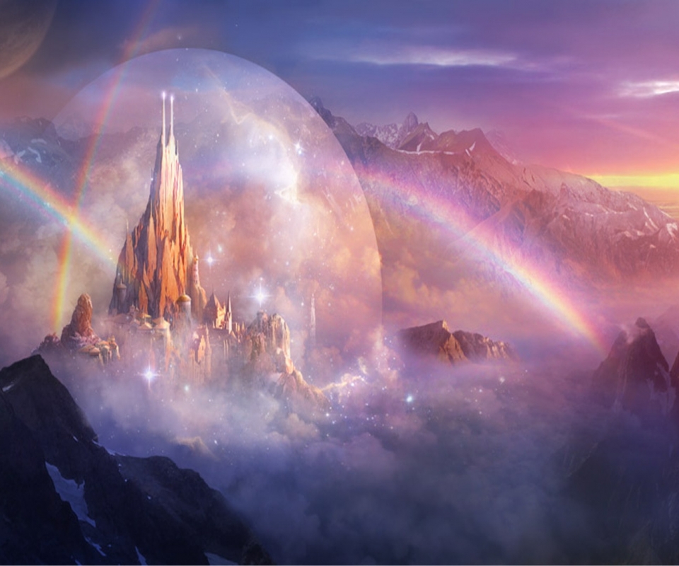 Download mobile wallpaper Landscape, Fantasy, Castles, Rainbow, Mountain, Castle for free.