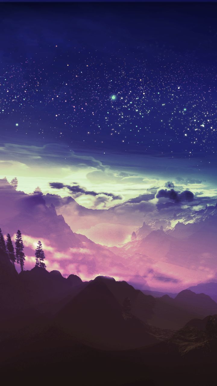 Download mobile wallpaper Anime, Landscape, Sky, Stars, Mountain, Cloud for free.