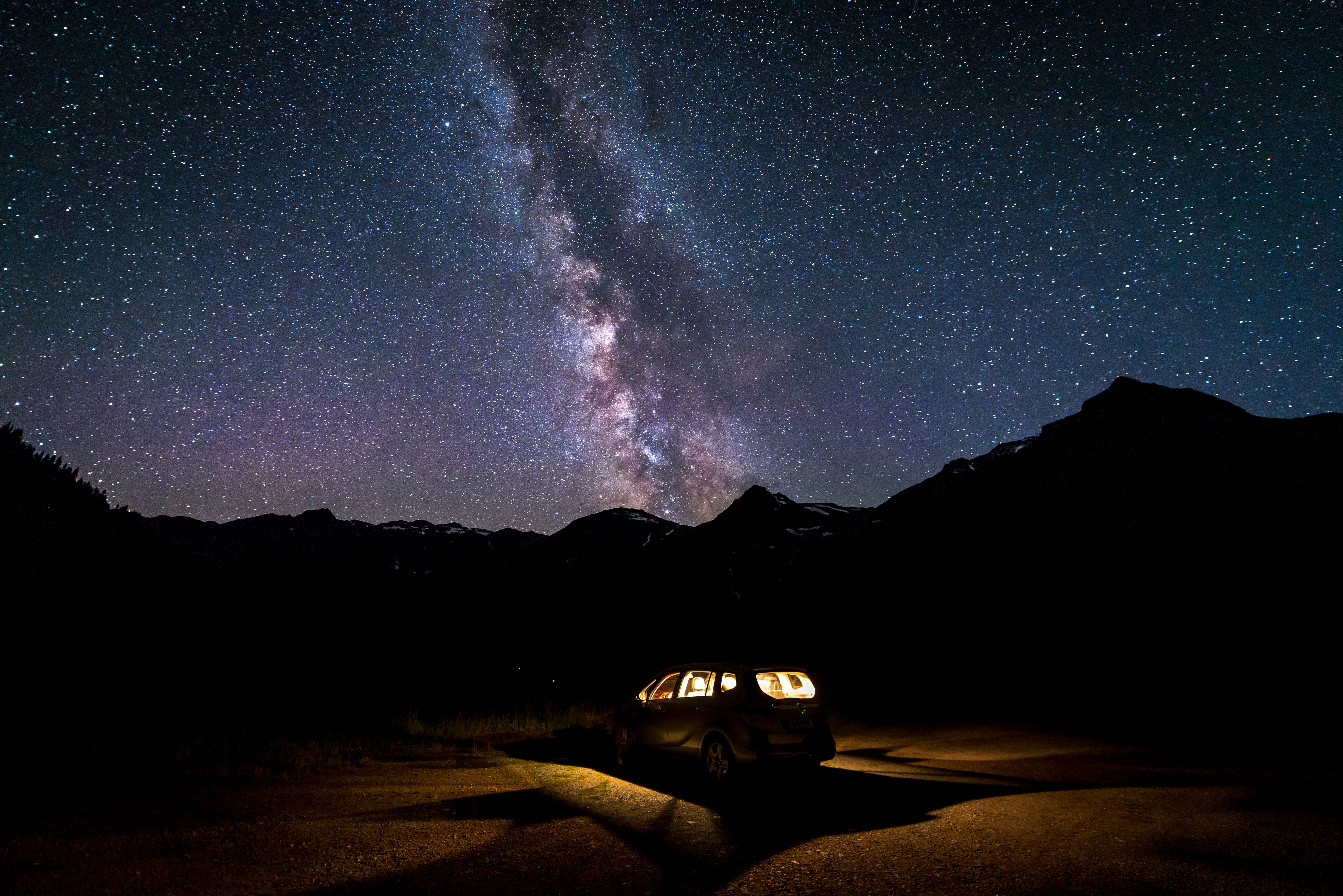 car, milky way, nature, night, starry sky Panoramic Wallpaper