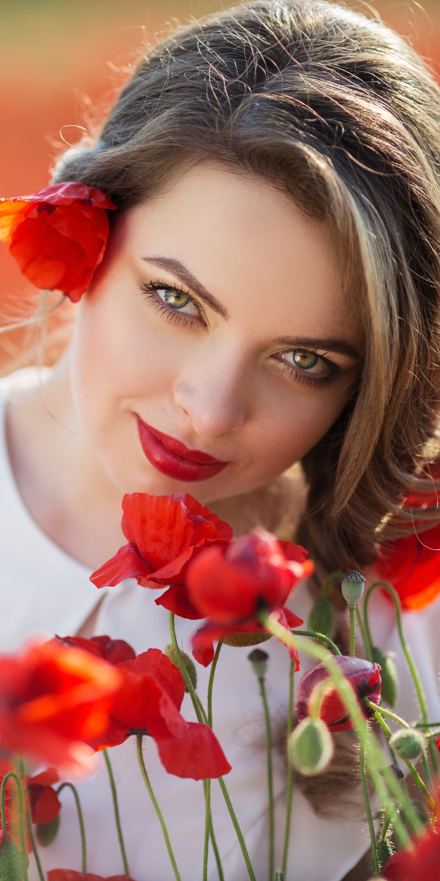 Download mobile wallpaper Poppy, Brunette, Model, Women, Red Flower, Lipstick for free.