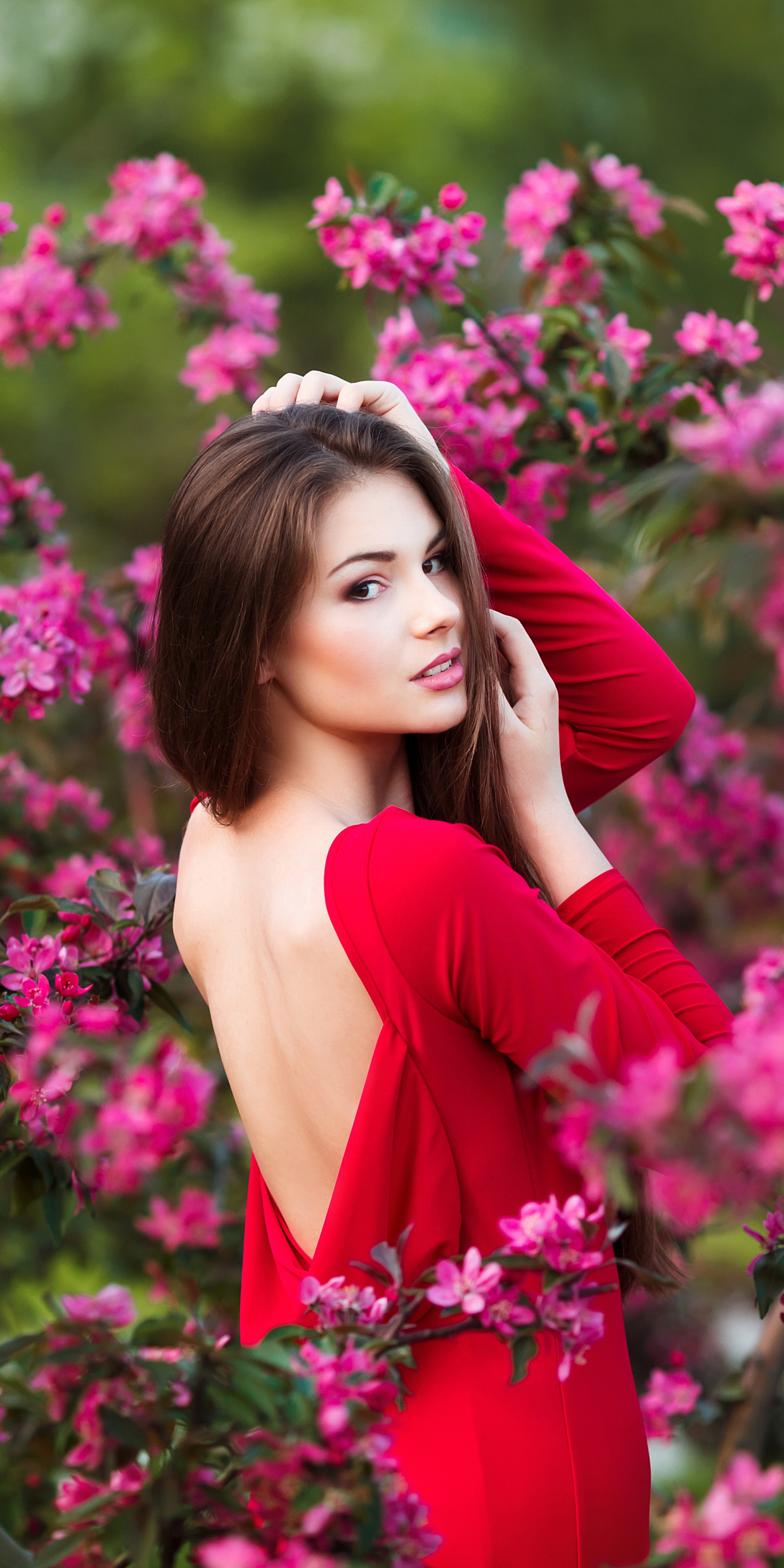 Download mobile wallpaper Brunette, Model, Women, Pink Flower, Red Dress for free.