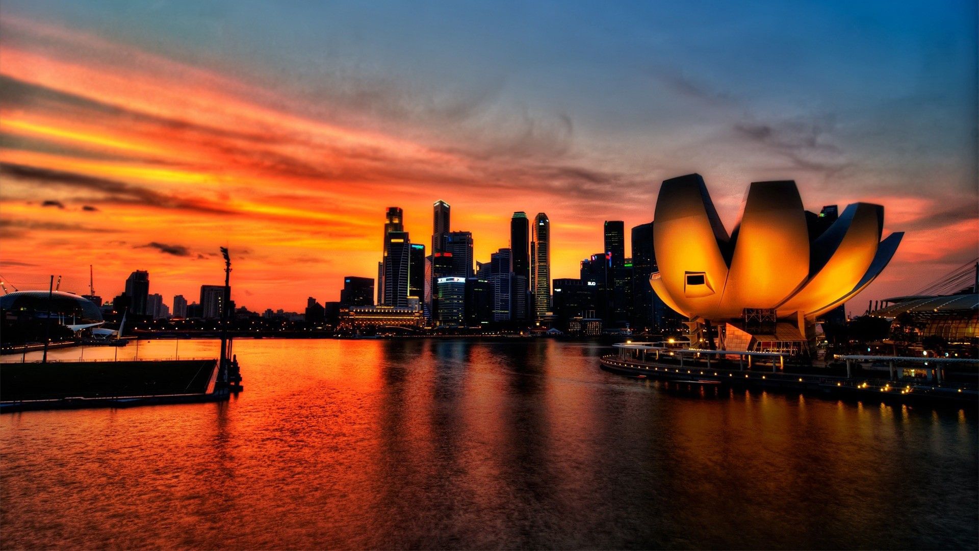 Download mobile wallpaper Cities, Sunset, Sky, Singapore, Shine, Light for free.