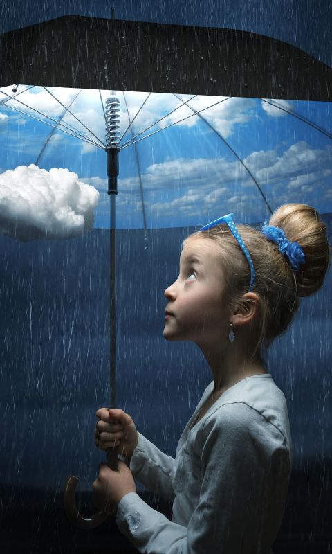 Handy-Wallpaper Fantasie, Regen, Kinder, Regenschirm, Wolke, Blond, Blondinen, Himmel, Manipulation, Kleines Mädchen kostenlos herunterladen.