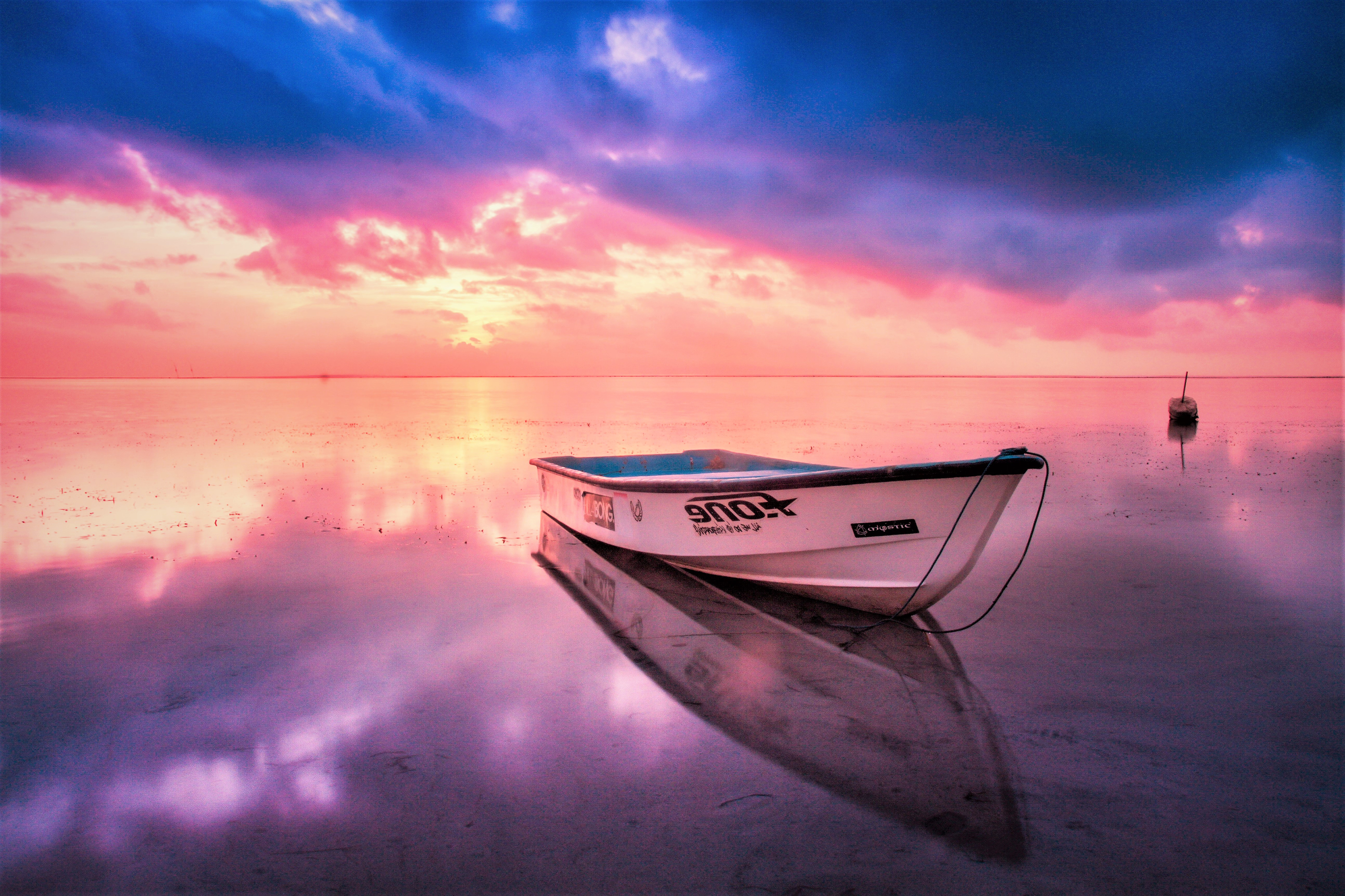 Download mobile wallpaper Sunset, Sky, Sea, Horizon, Reflection, Ocean, Boat, Vehicles for free.