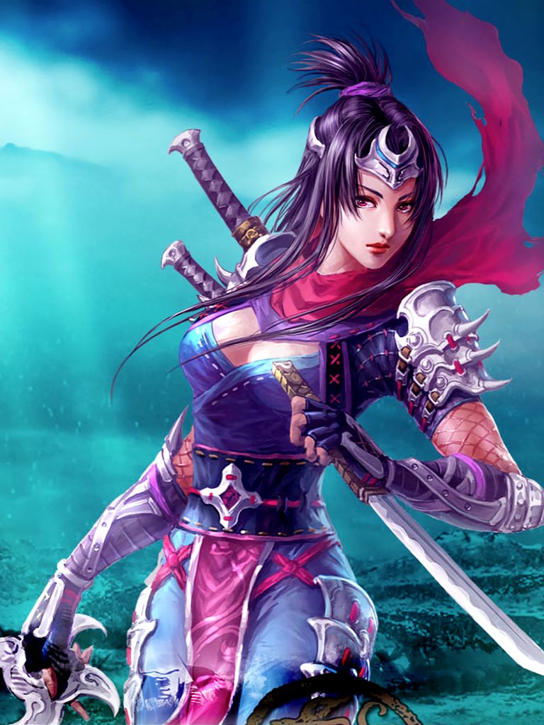 Download mobile wallpaper Fantasy, Katana, Women Warrior, Woman Warrior, Purple Hair, Pink Eyes for free.