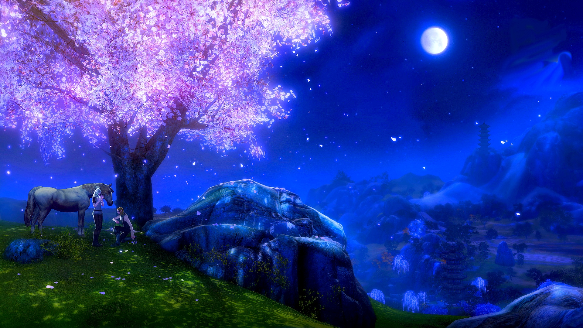 790136 descargar fondo de pantalla paisaje, videojuego, archeage, florecer, fantasía, luna, montaña, noche, árbol: protectores de pantalla e imágenes gratis