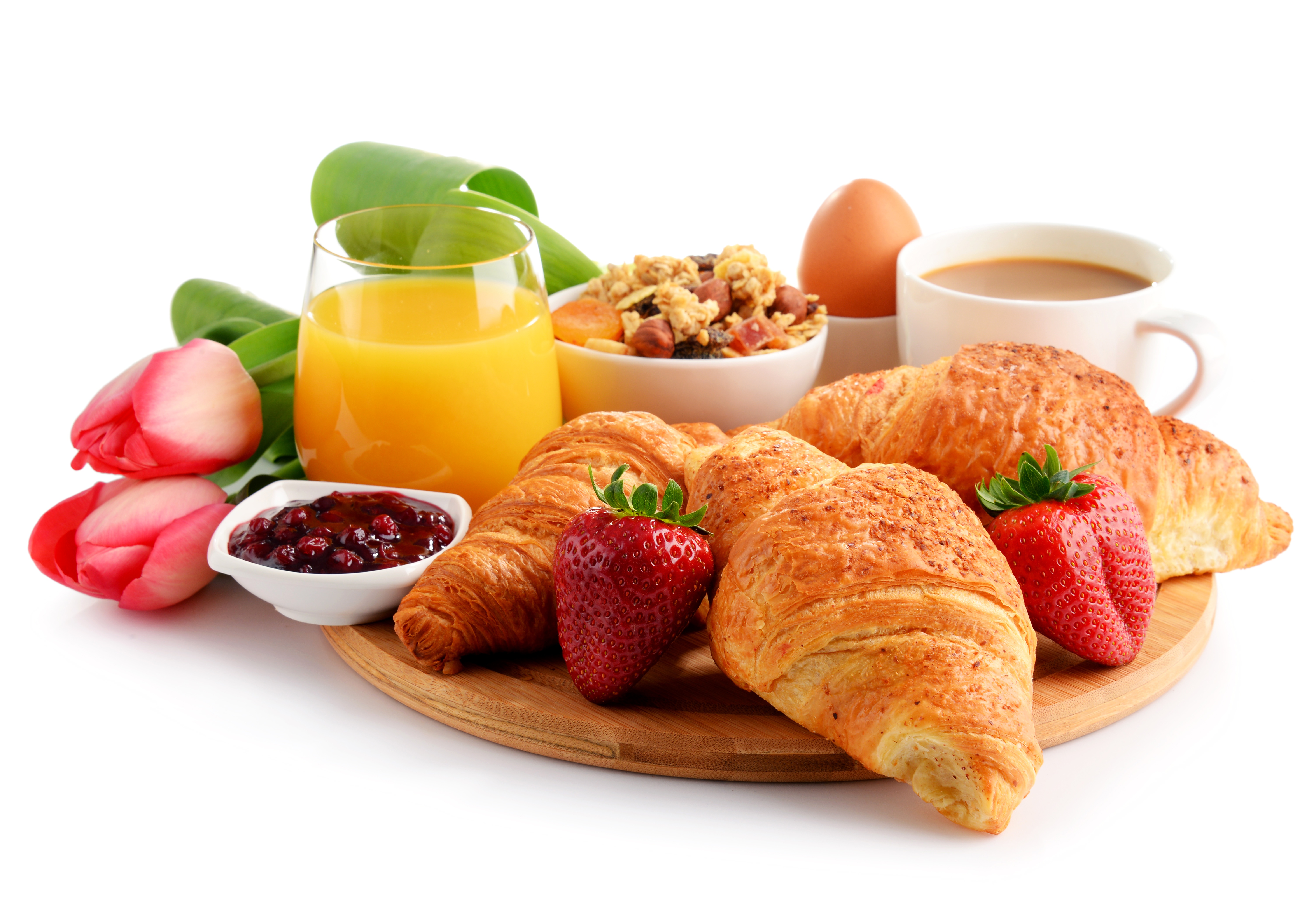 Download mobile wallpaper Food, Strawberry, Coffee, Breakfast, Croissant, Juice, Viennoiserie for free.