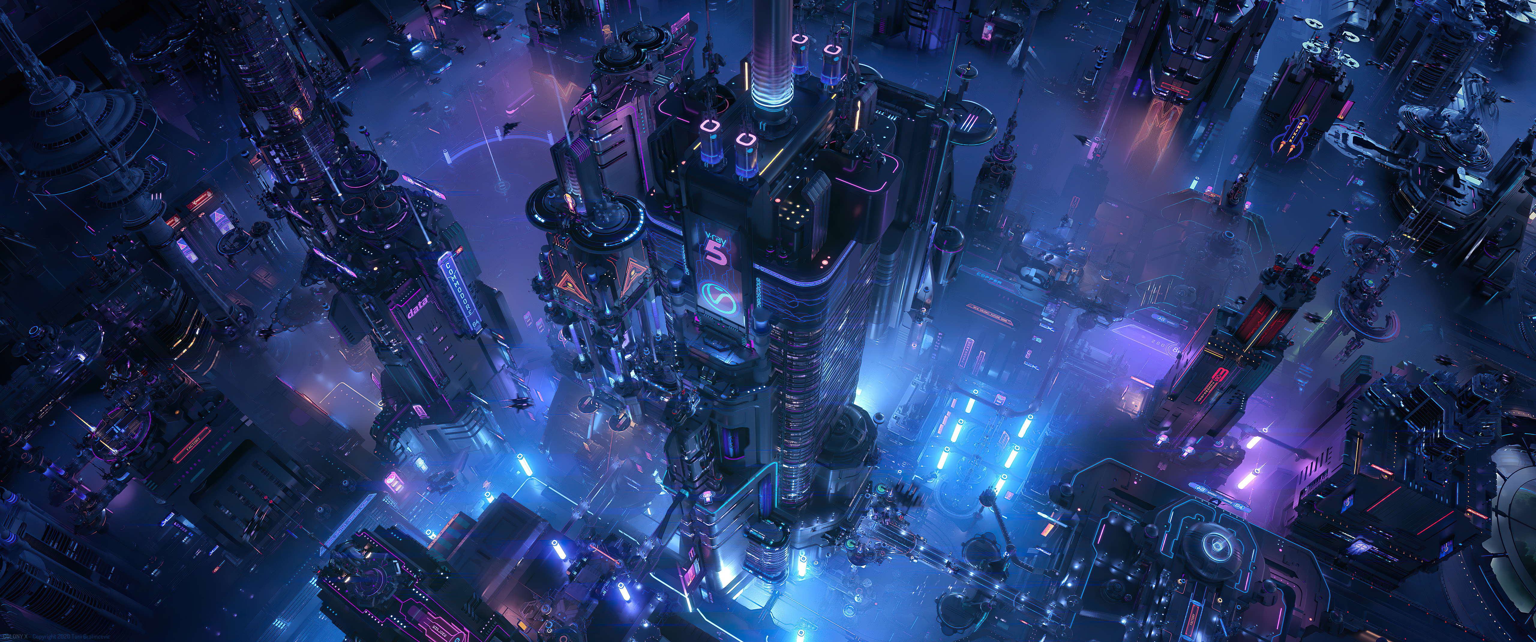 neon, cyberpunk, skyscraper, city, sci fi, building