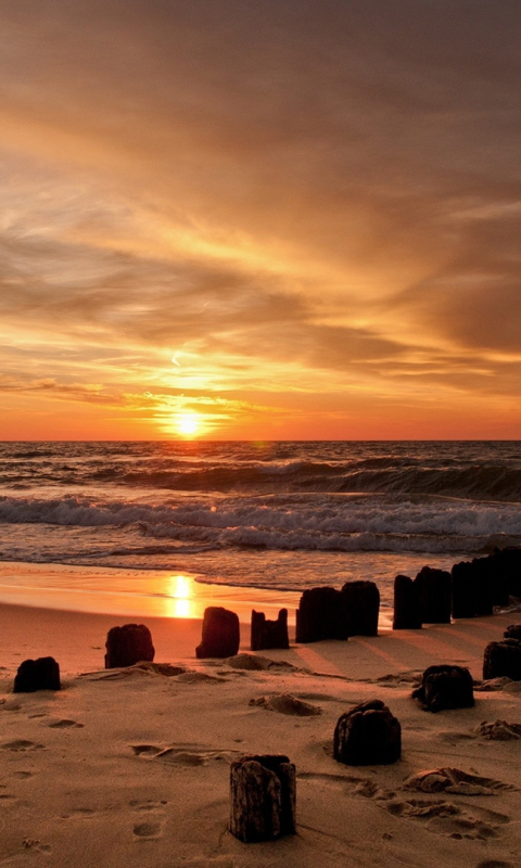 Download mobile wallpaper Sunset, Sky, Sun, Beach, Sand, Ocean, Earth, Cloud for free.