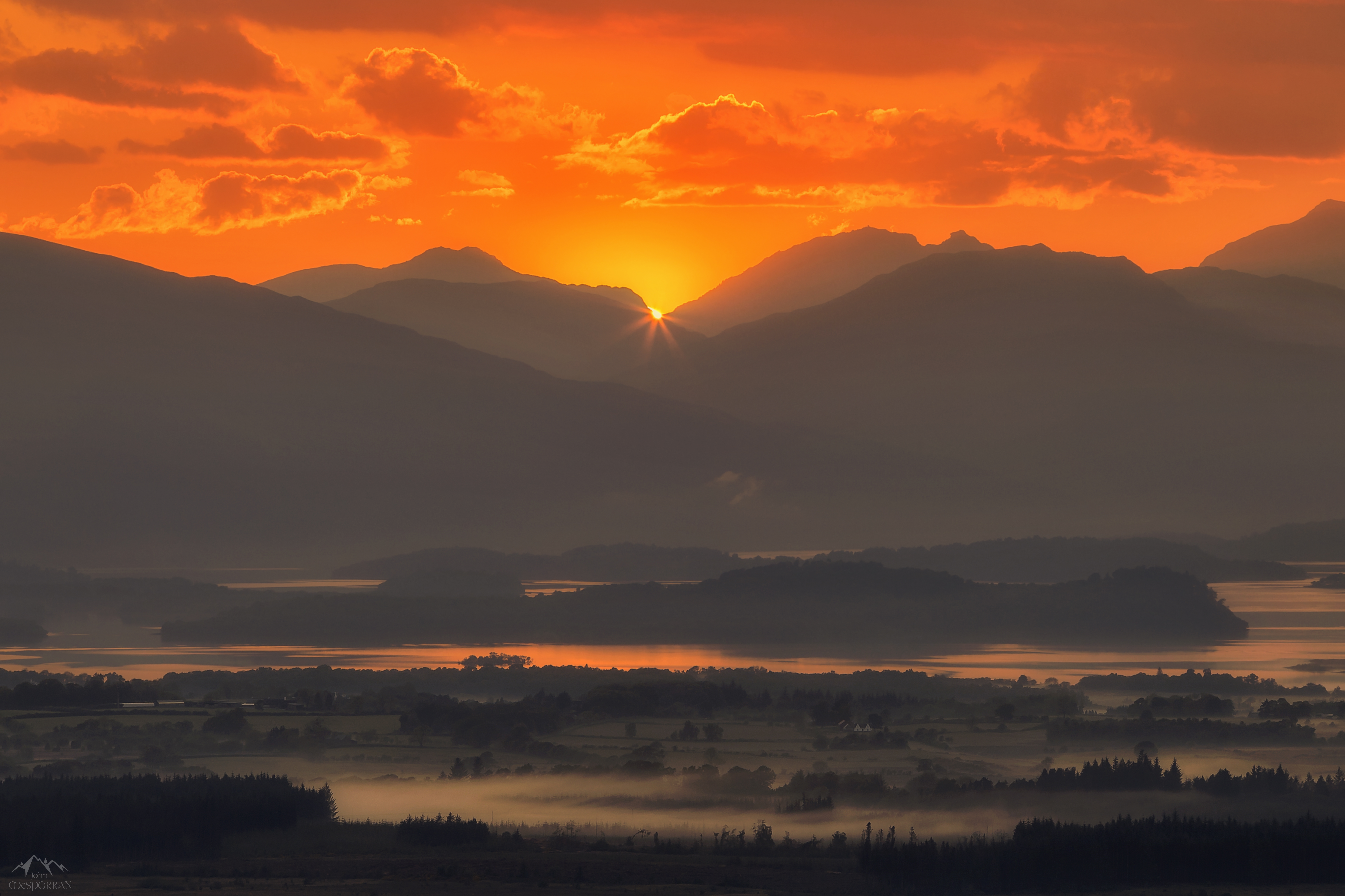 Free download wallpaper Scotland, Nature, Fog, Sunset, Mountains on your PC desktop
