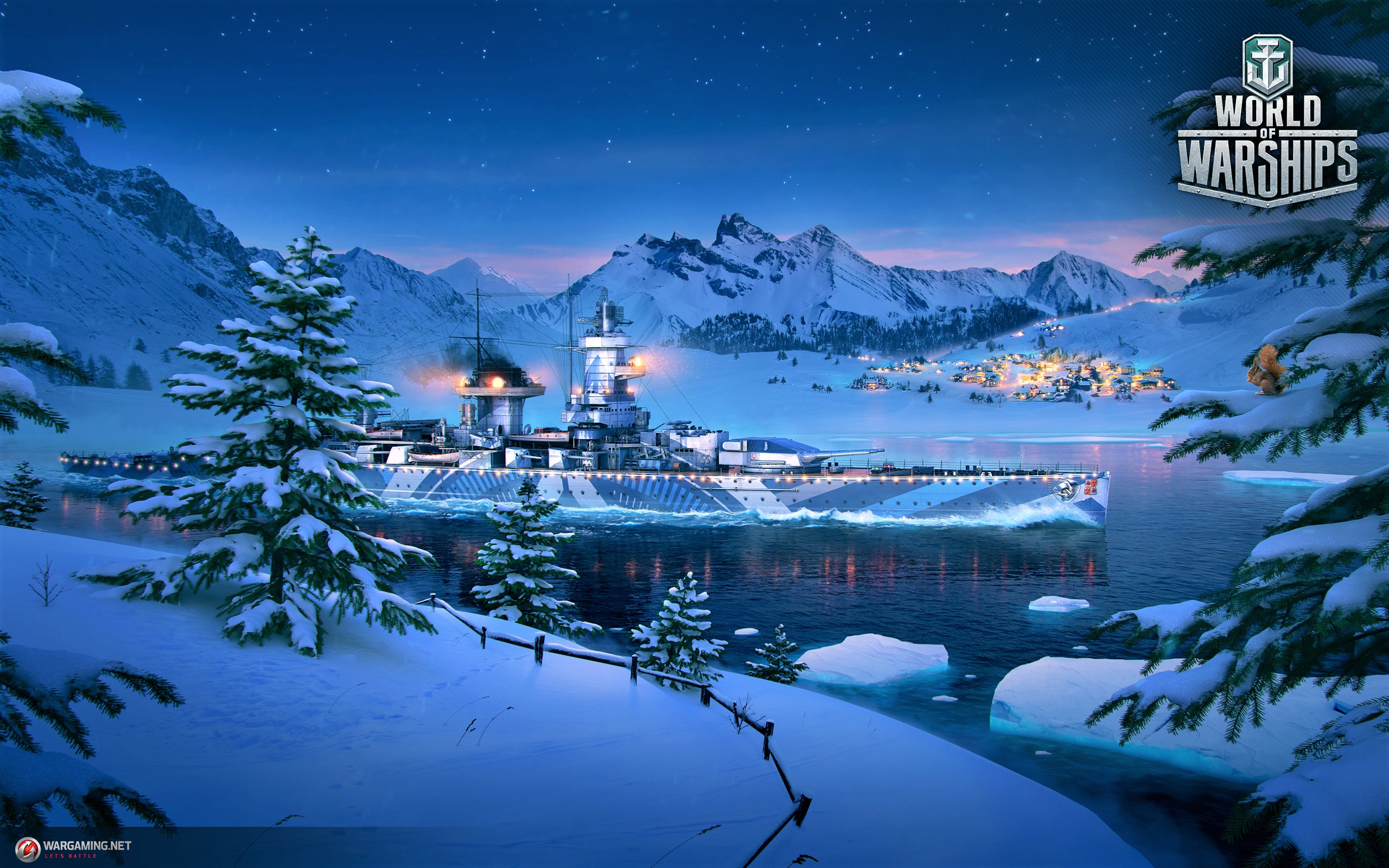 Laden Sie das Winter, Schnee, See, Baum, Gebirge, Schiff, Computerspiele, World Of Warships, Kriegsschiffe-Bild kostenlos auf Ihren PC-Desktop herunter