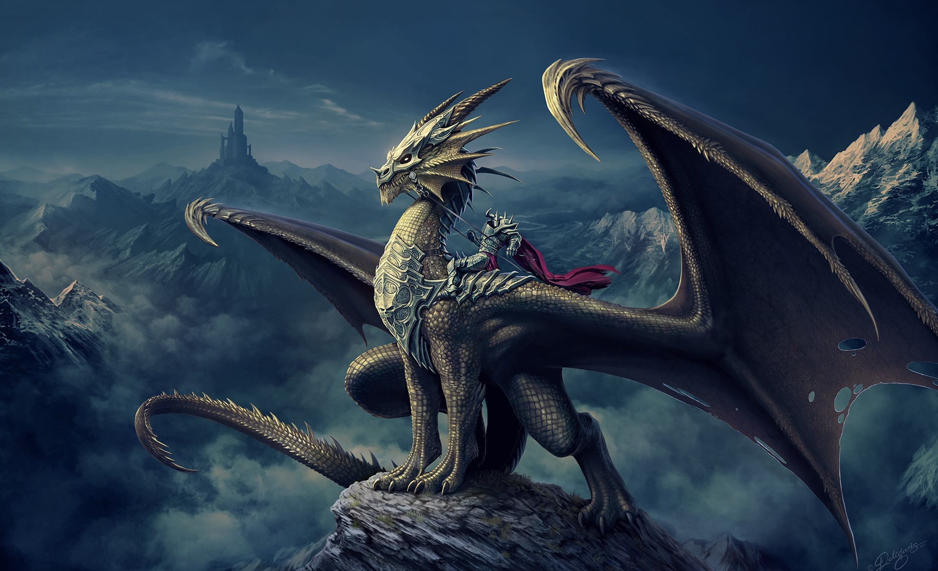 110120 скачать обои дракон, фэнтези, арт, горы, замок, nick deligaris, башня, всадник - заставки и картинки бесплатно