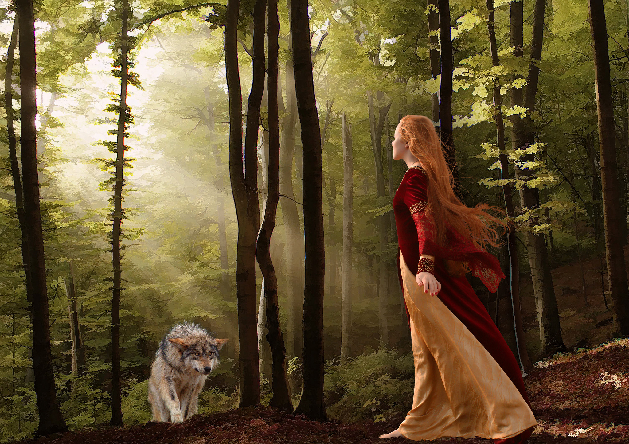 Download mobile wallpaper Fantasy, Forest, Wolf, Redhead, Women for free.