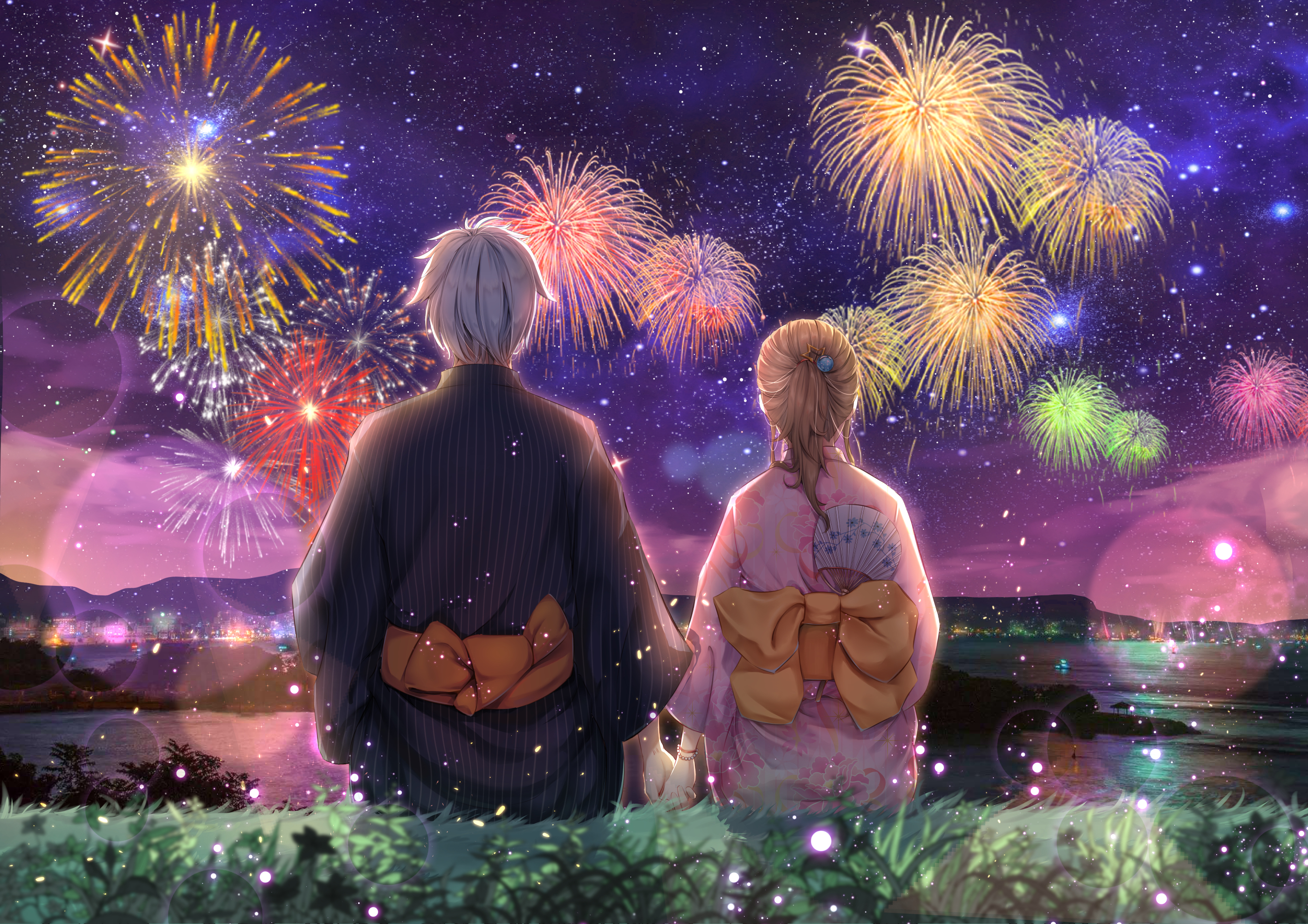 anime, couple, fireworks