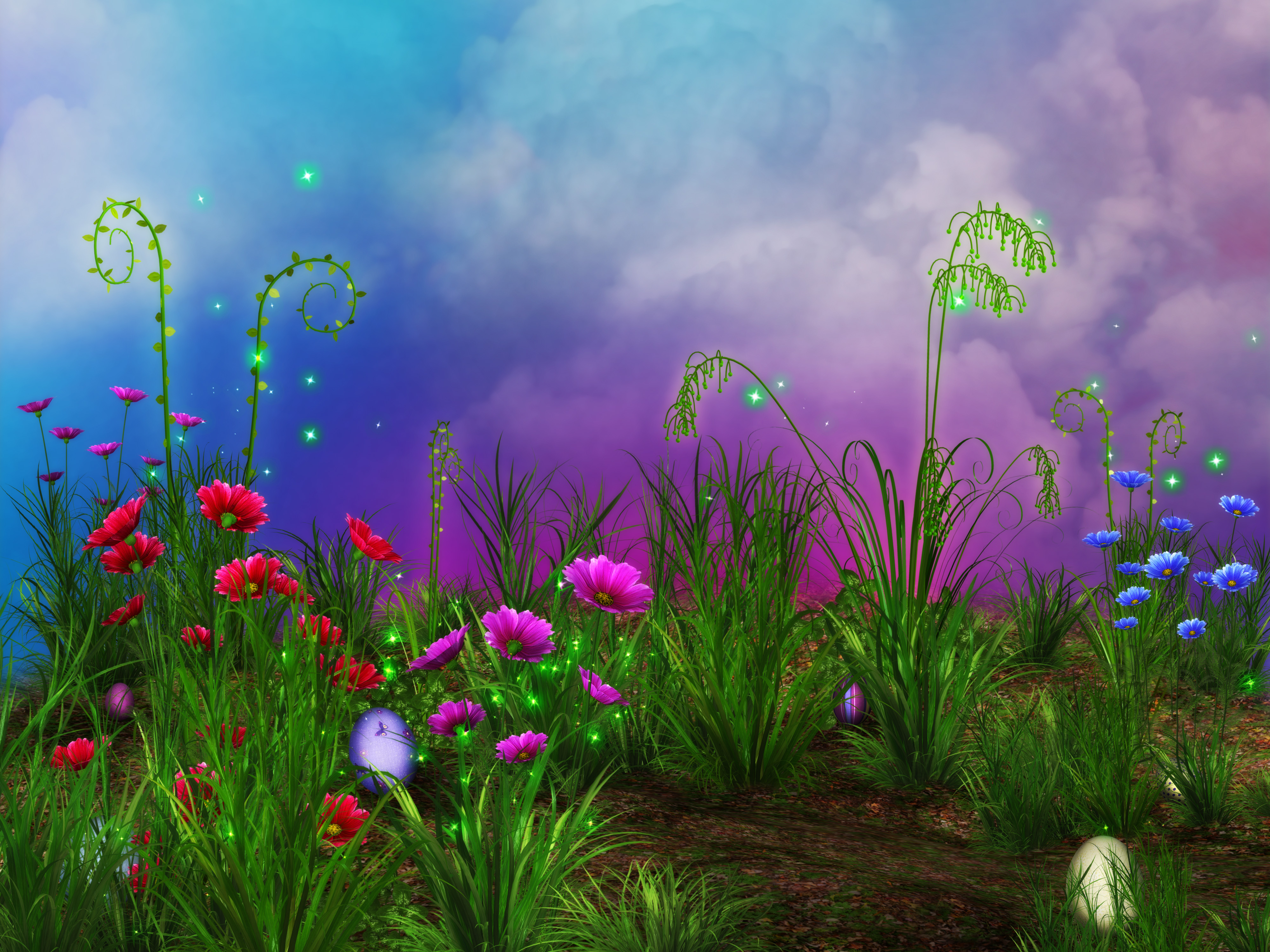 Laden Sie das Blumen, Blume, Pfad, Farben, Gras, Künstlerisch, Rote Blume, Pinke Blume, Blaue Blume-Bild kostenlos auf Ihren PC-Desktop herunter