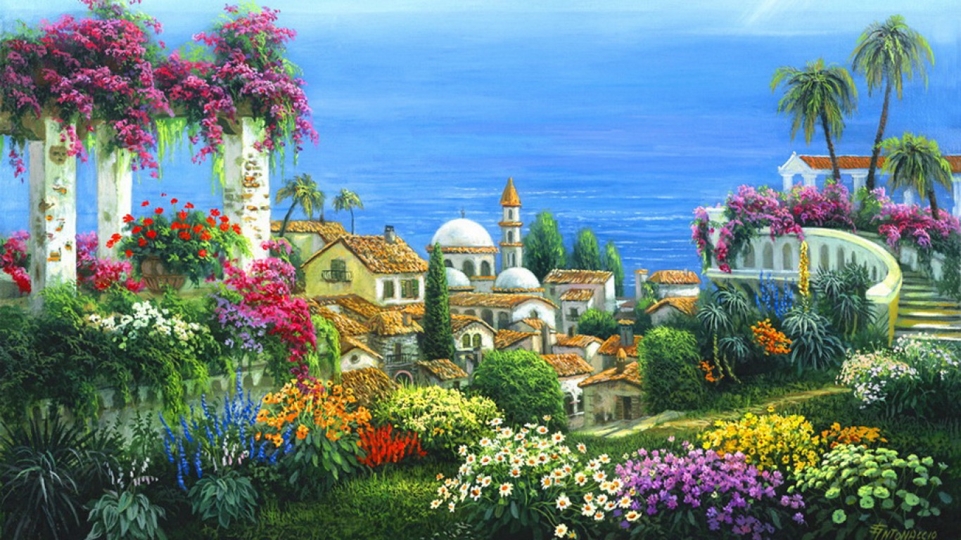 village, artistic, painting, ocean