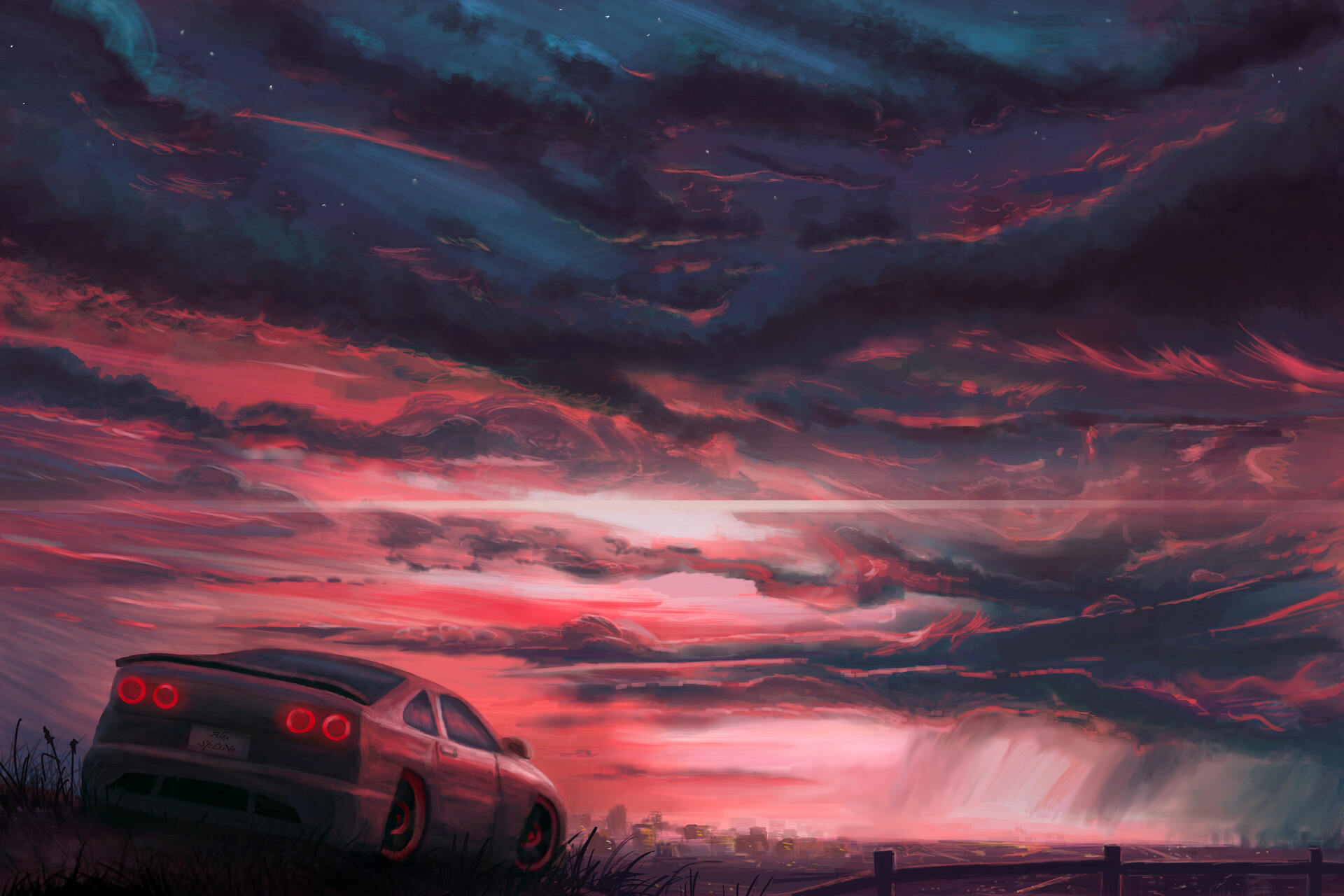 Free download wallpaper Sunset, Sky, Car, Artistic on your PC desktop