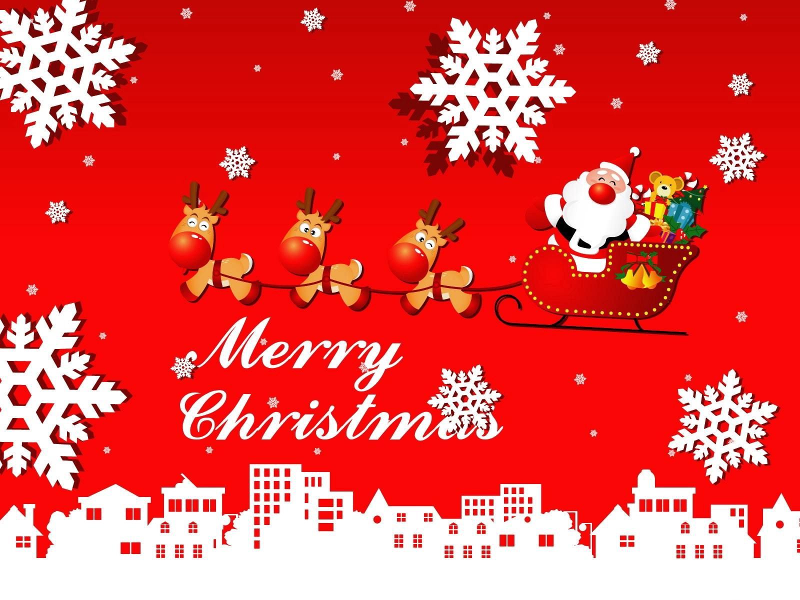 holidays, santa claus, deers, snowflakes, city, christmas, sleigh, sledge, presents, gifts
