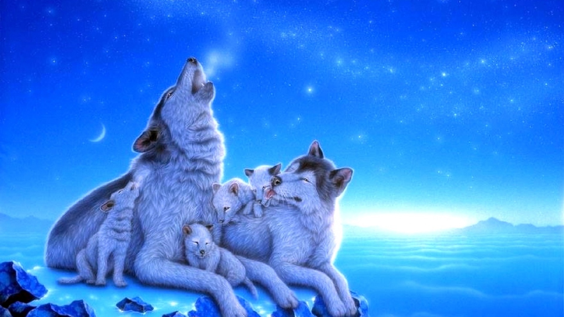 fantasy, wolf, blue, cub, howling, love, moon, sky, stars