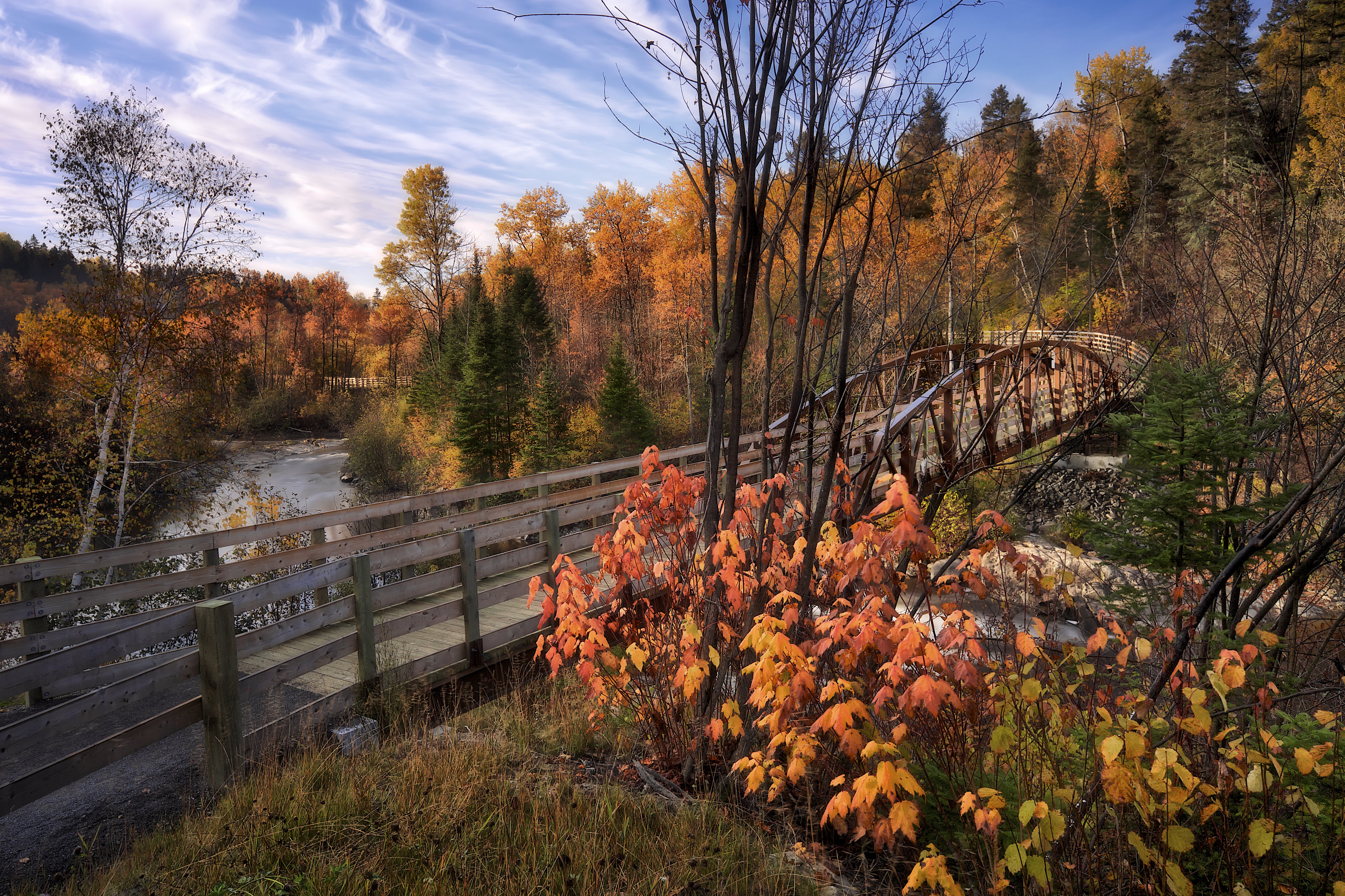 Handy-Wallpaper Herbst, Kanada, Wald, Fluss, Brücke, Brücken, Menschengemacht kostenlos herunterladen.