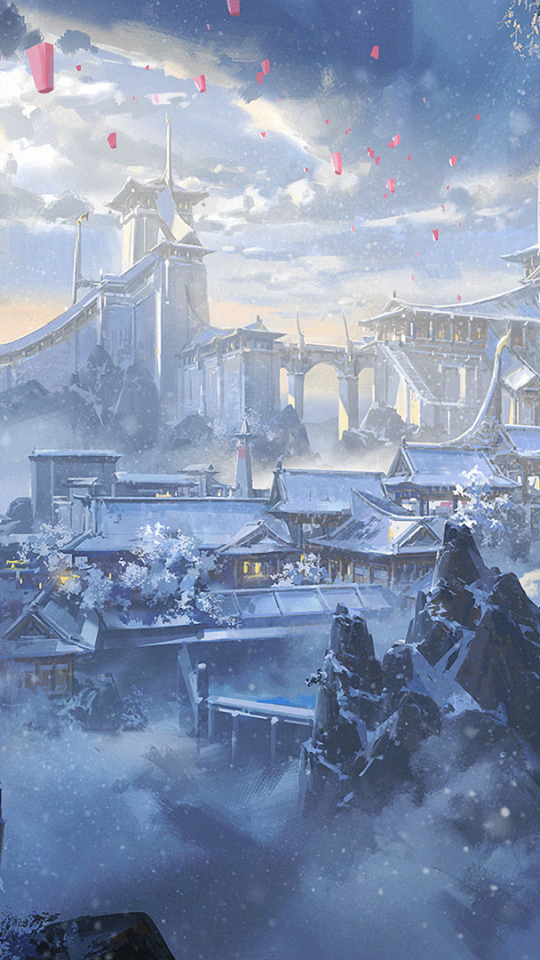 Download mobile wallpaper Fantasy, Snow, City, Building for free.