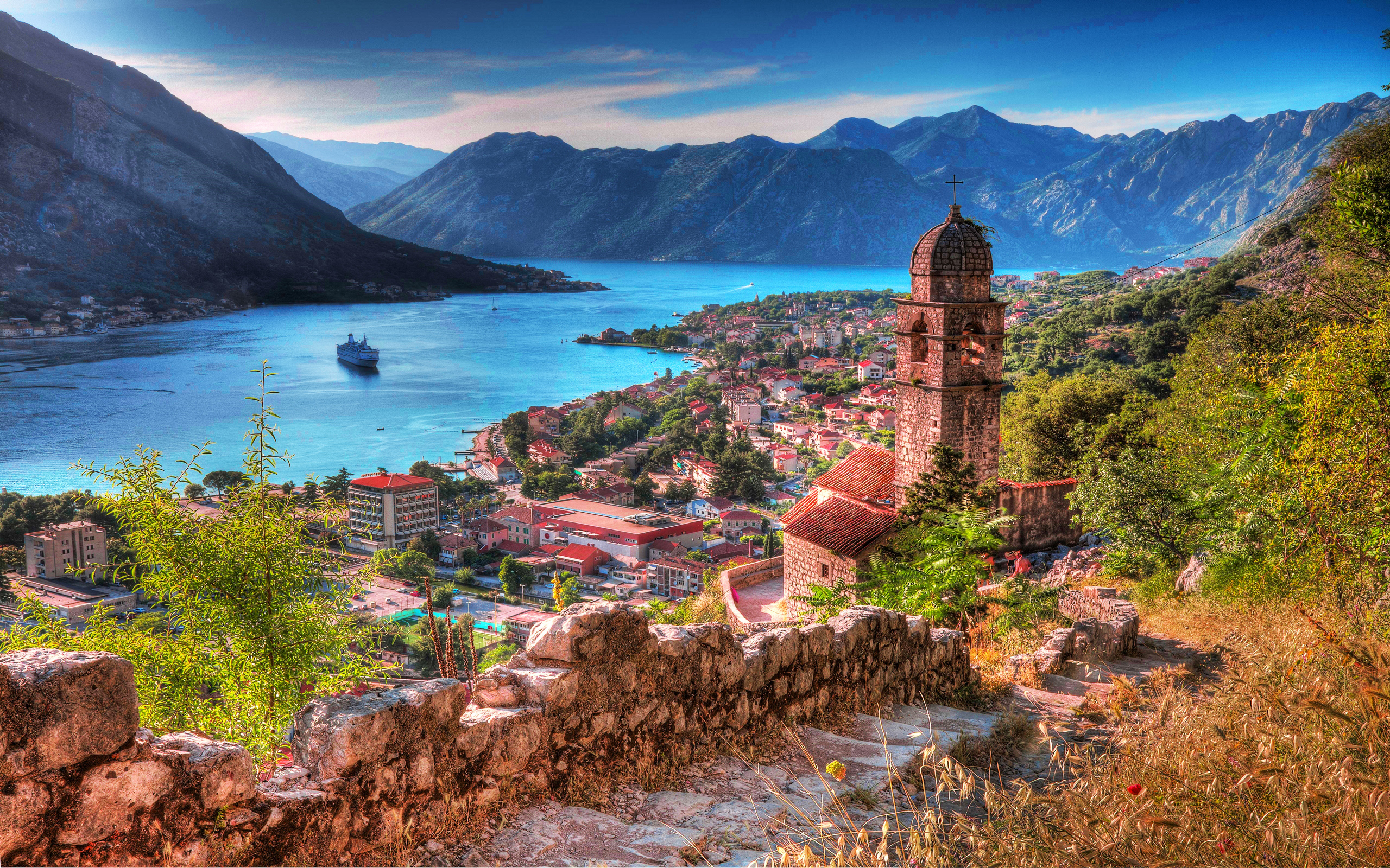 montenegro, mountain, man made, kotor, church, house, ship, town, towns