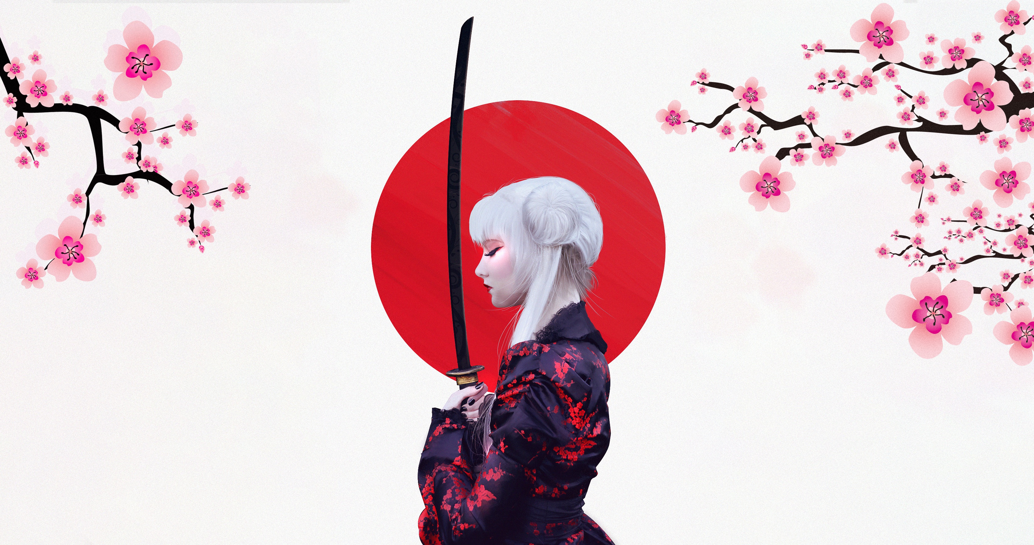 Laden Sie das Fantasie, Kimono, Blüte, Schwert, Katana, Kriegerin, Weißes Haar, Frau Krieger-Bild kostenlos auf Ihren PC-Desktop herunter