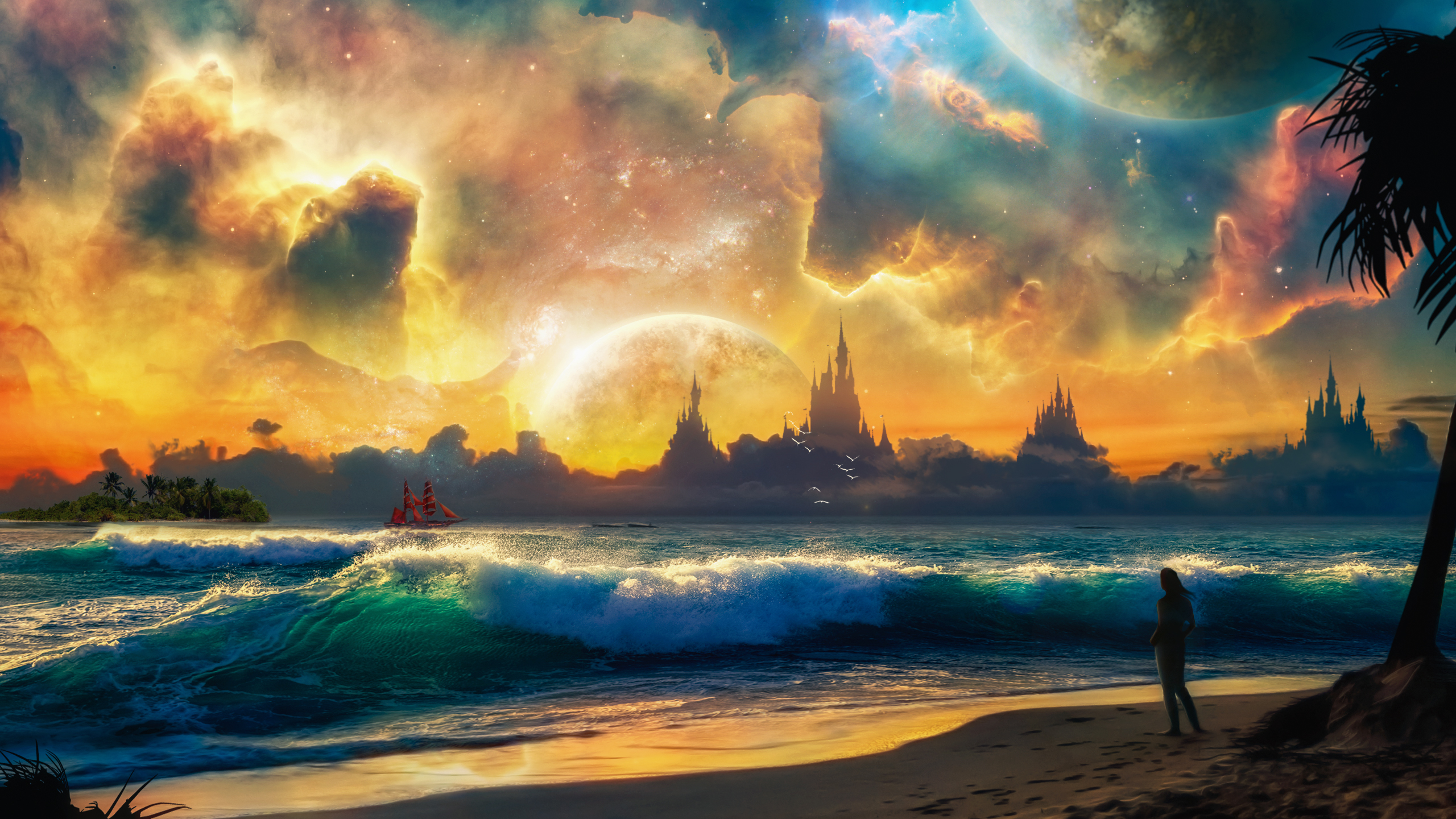 Free download wallpaper Landscape, Water, Beach, Artistic, Wave, Dreamy World on your PC desktop