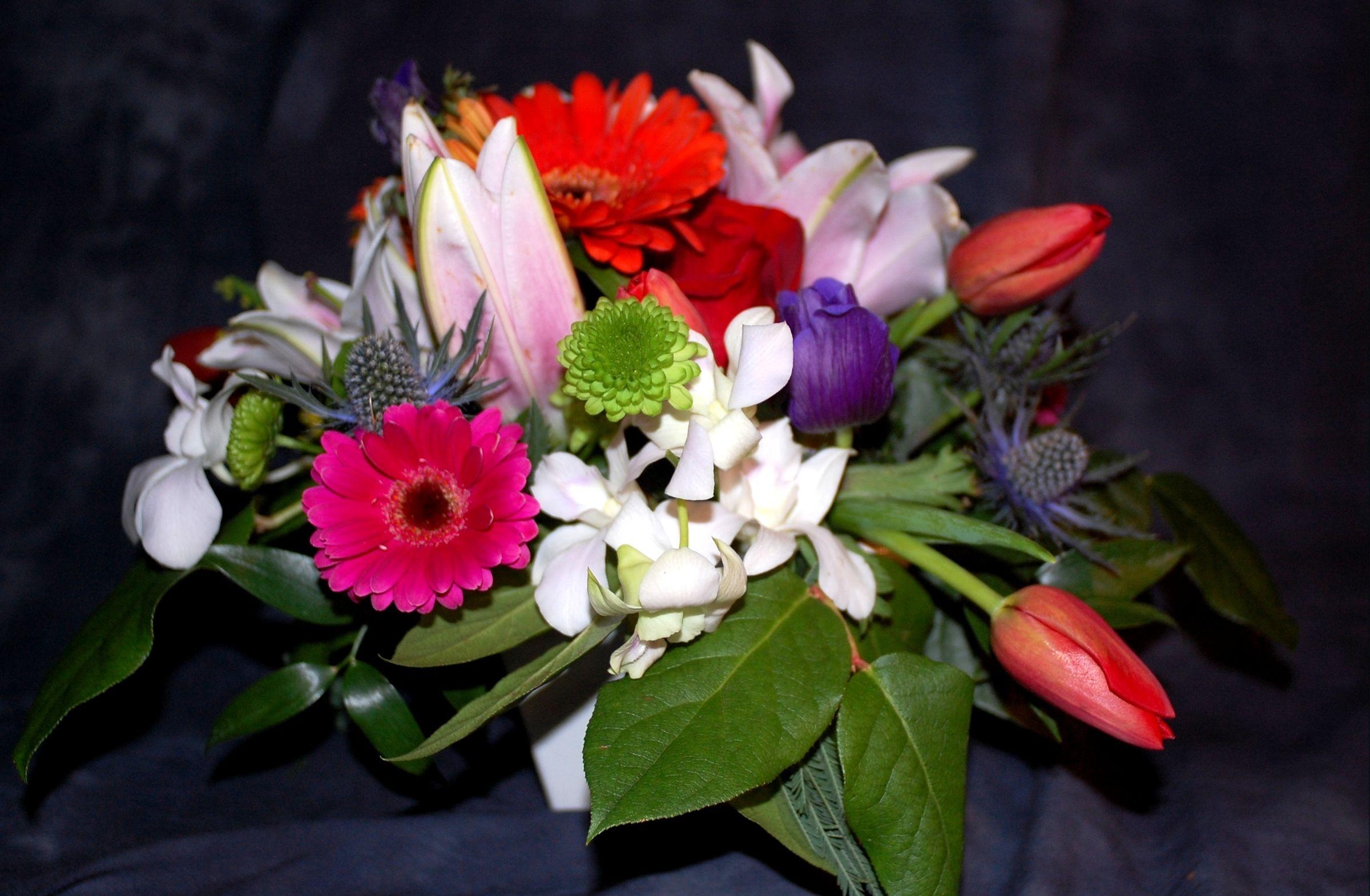 flowers, leaves, tulips, chrysanthemum, gerberas, bouquet, composition 2160p