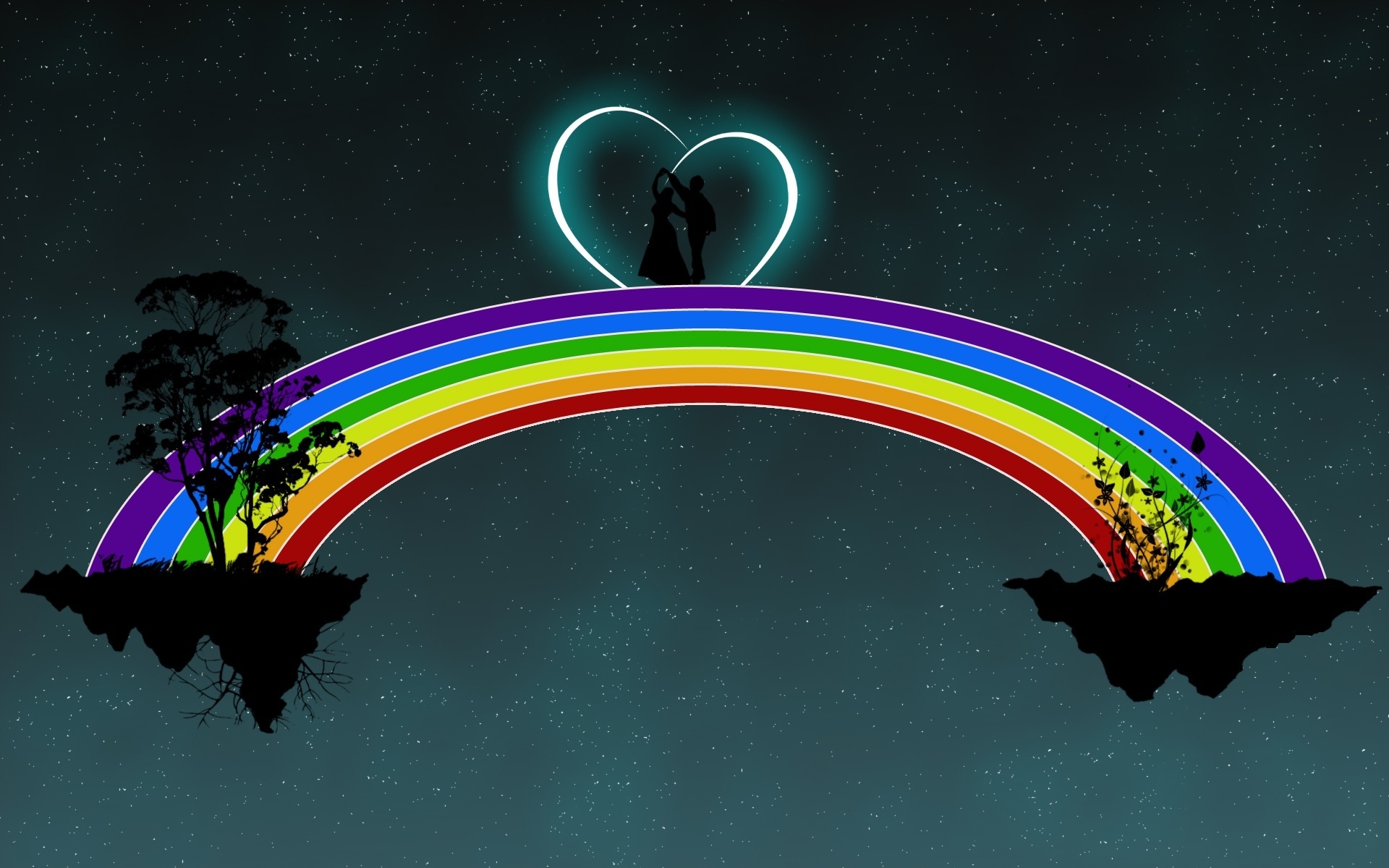 Download mobile wallpaper Night, Love, Rainbow, Couple, Starry Sky, Heart, Artistic for free.