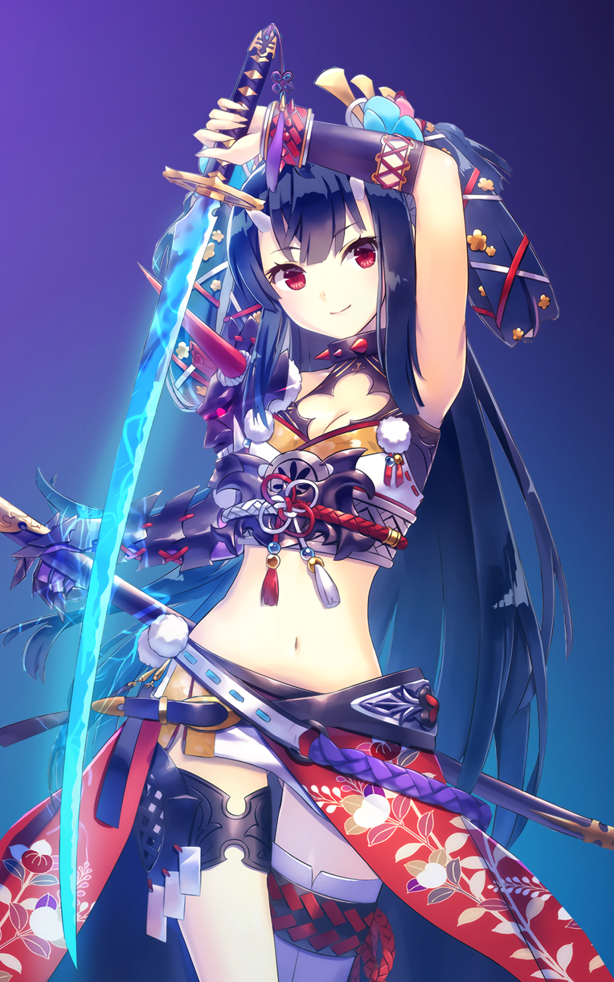 Download mobile wallpaper Anime, Girl, Horns, Sword, Red Eyes, Long Hair for free.