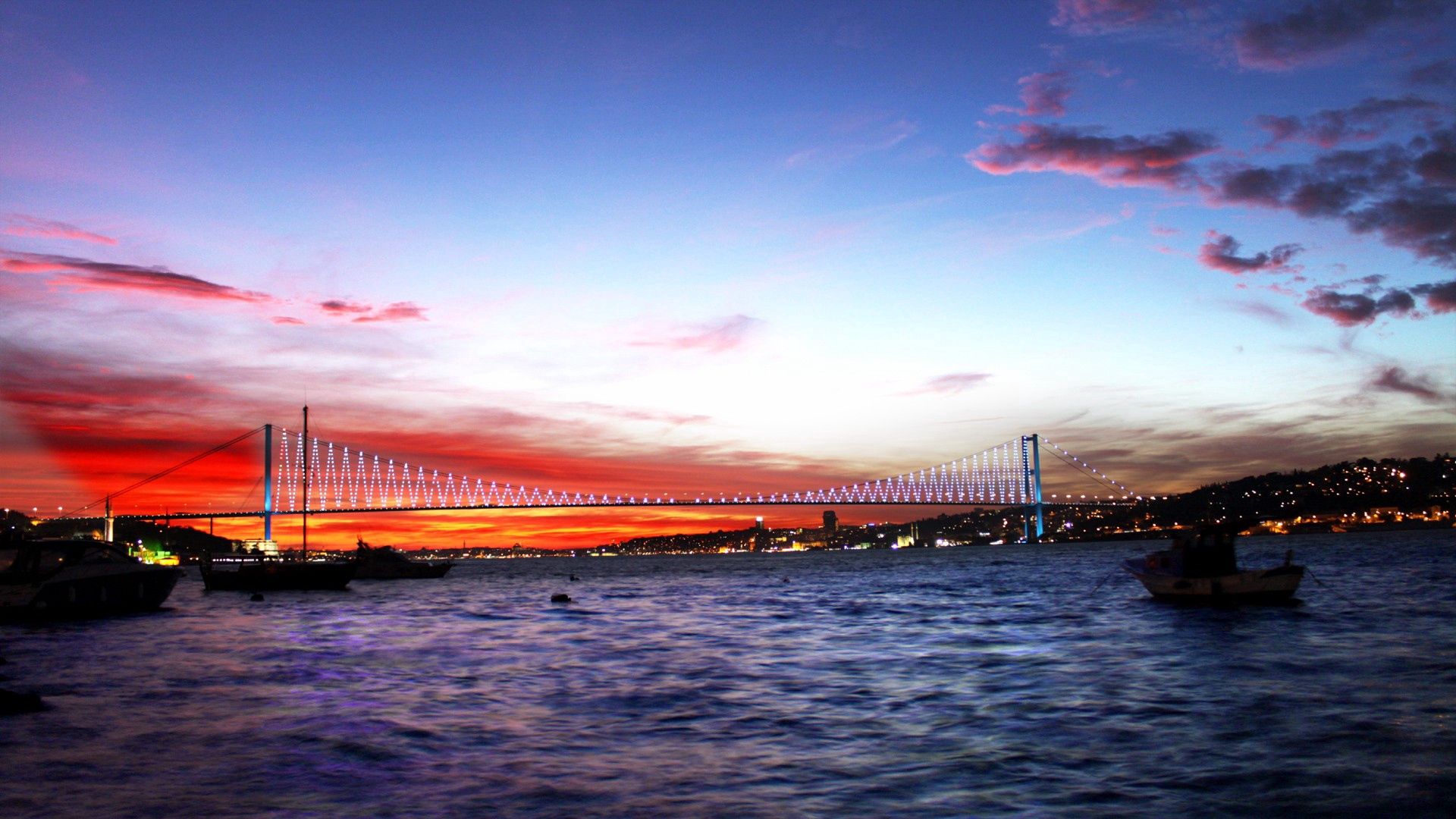 Download mobile wallpaper Cities, Bridge, City Lights, Sea, Night, Turkey for free.