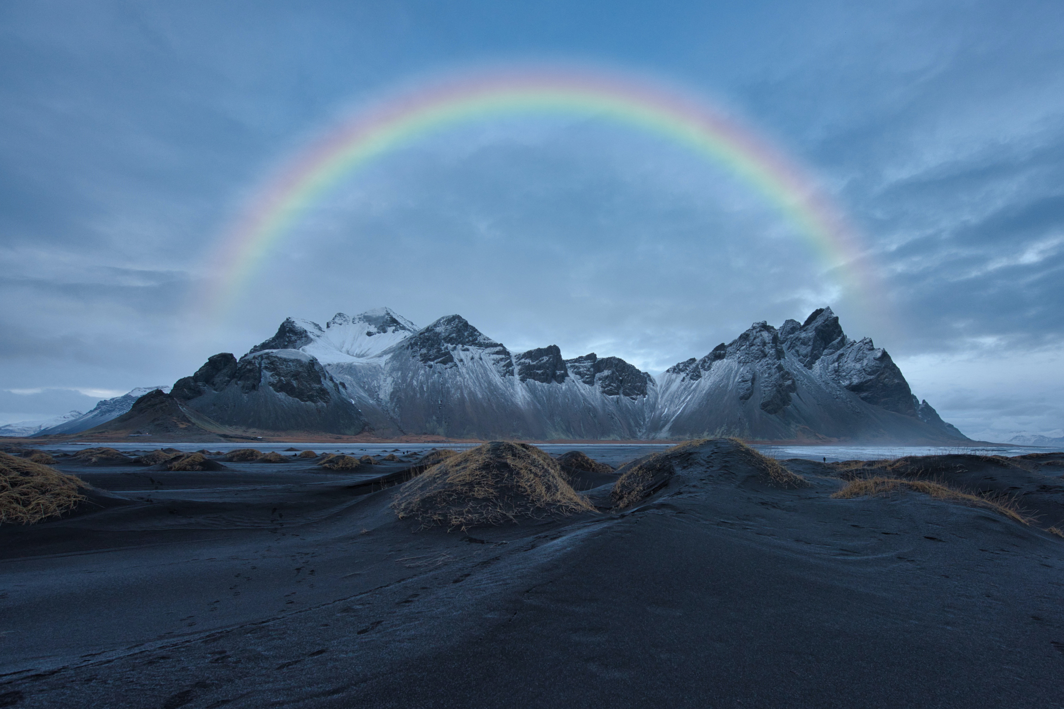 Download mobile wallpaper Mountains, Beach, Rainbow, Earth, Iceland, Vestrahorn, Vestrahorn Mountain for free.
