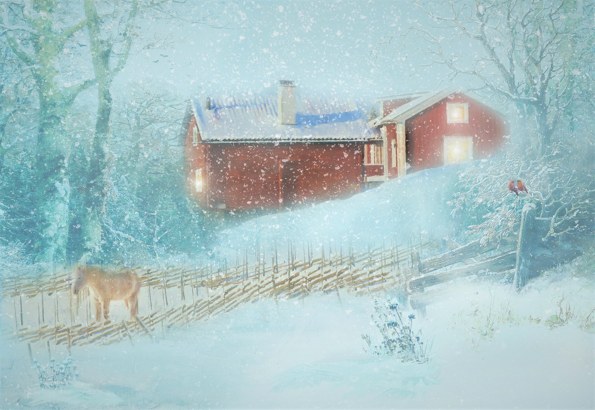 painting, artistic, cardinal, country, donkey, fence, house, snow, snowfall, tree, winter