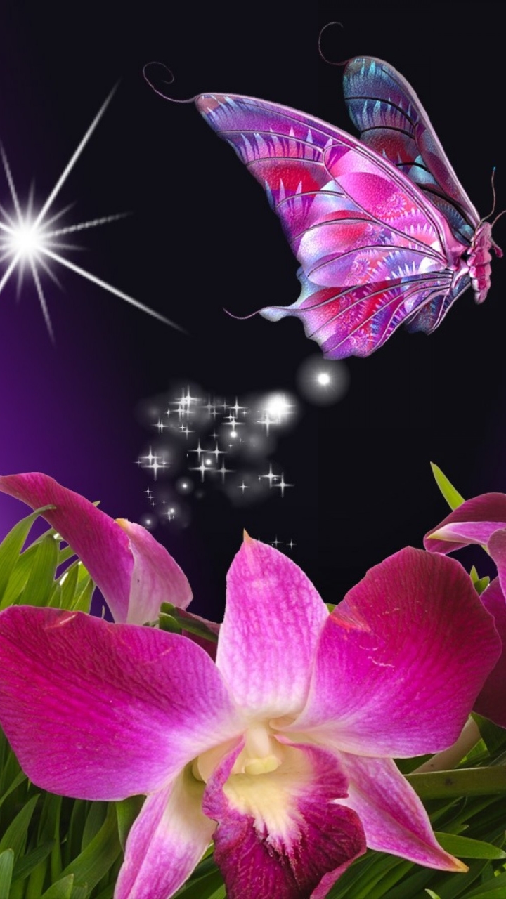 Скачать картинку Цветок, Бабочка, Орхидея, Художественные, Флауэрсы в телефон бесплатно.