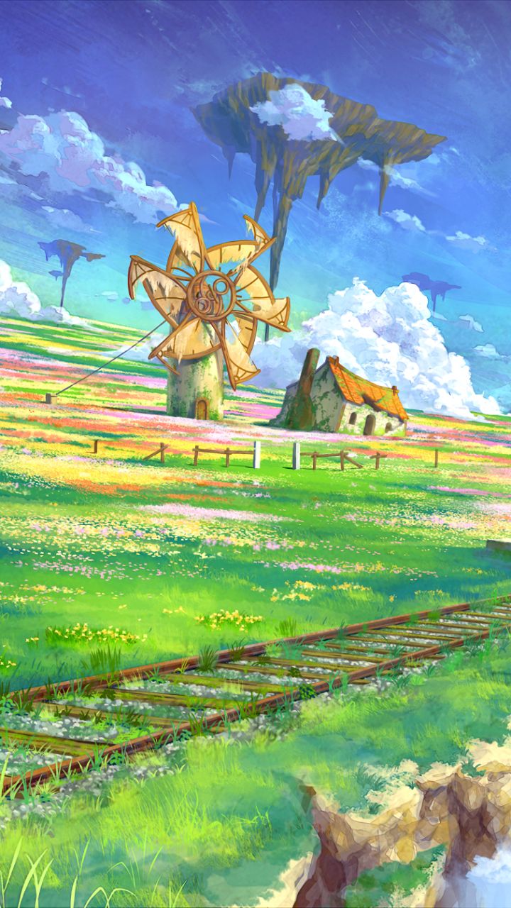 Download mobile wallpaper Anime, Landscape, Nature, Sky, Flower, Cloud, Windmill, Train Station, Original, Scenic, Floating Island for free.