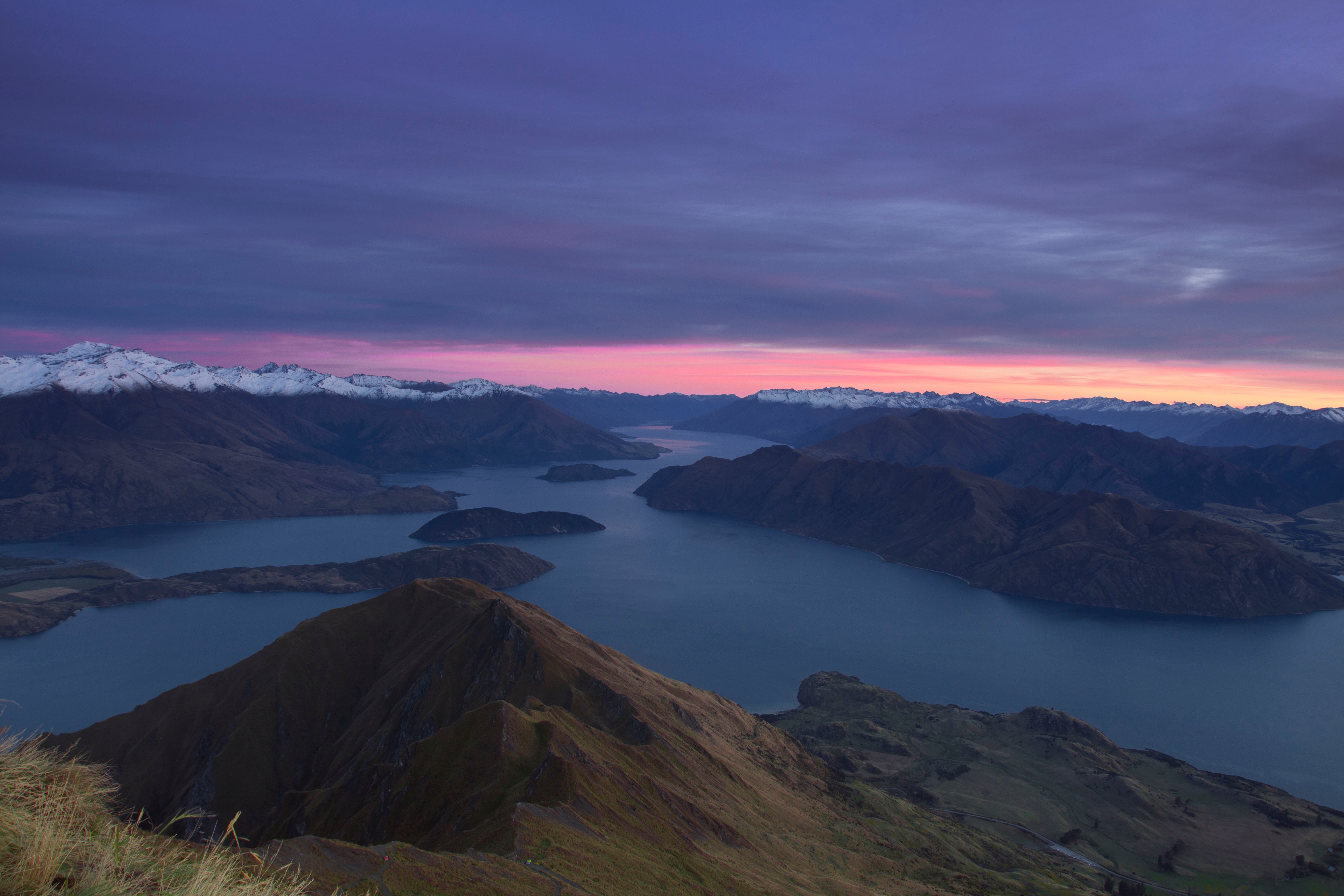 Download mobile wallpaper View From Above, Lake, Mountains, Nature, Dawn, New Zealand for free.
