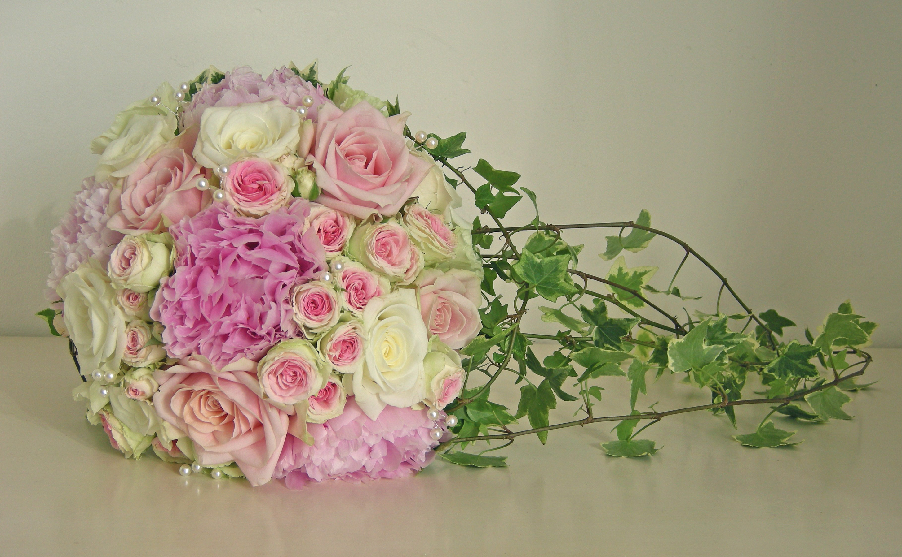 Download mobile wallpaper Flower, Rose, Bouquet, Peony, Ivy, White Flower, Man Made, Pink Flower for free.