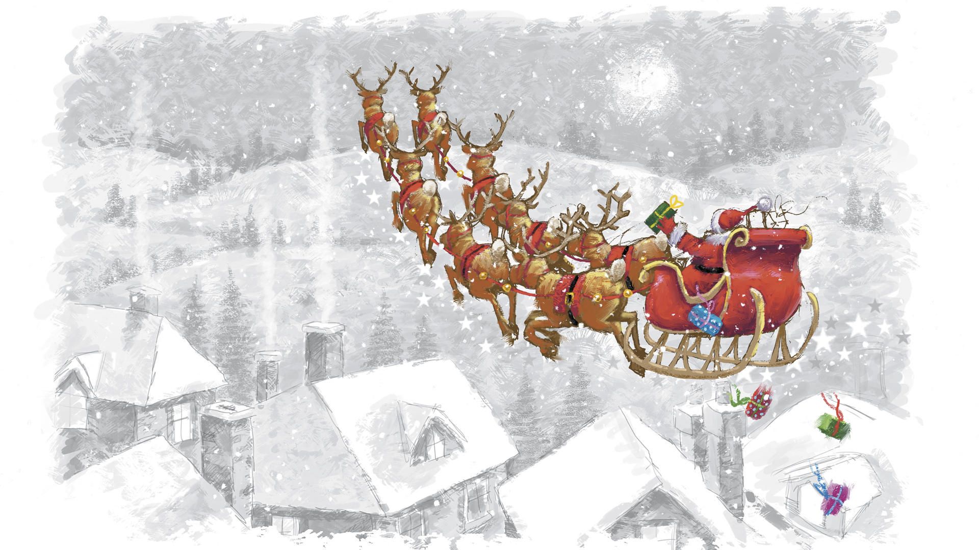 holidays, santa claus, deers, flight, sleigh, sledge, presents, gifts