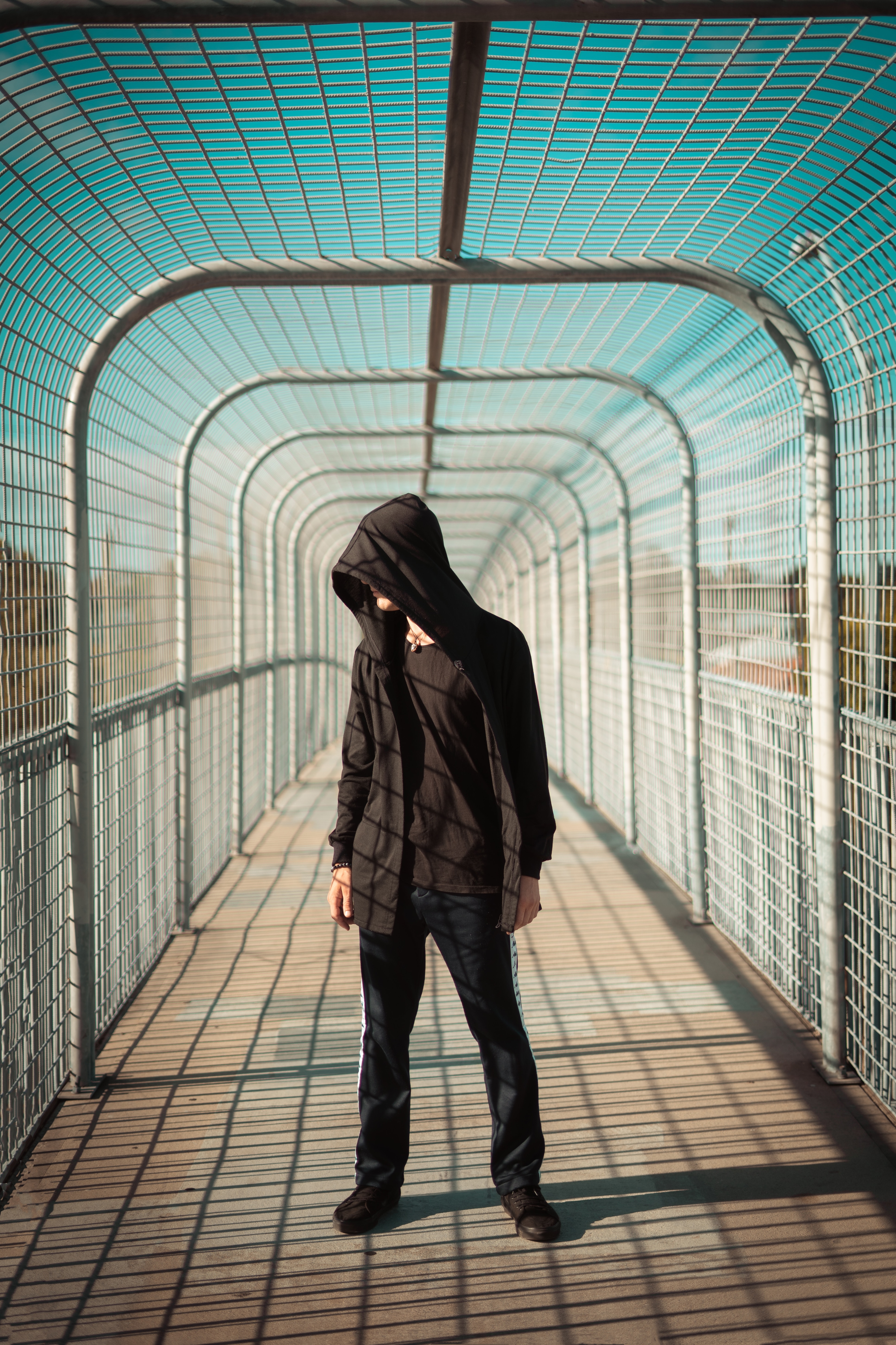 hood, tunnel, miscellanea, miscellaneous, bridge, human, person wallpapers for tablet