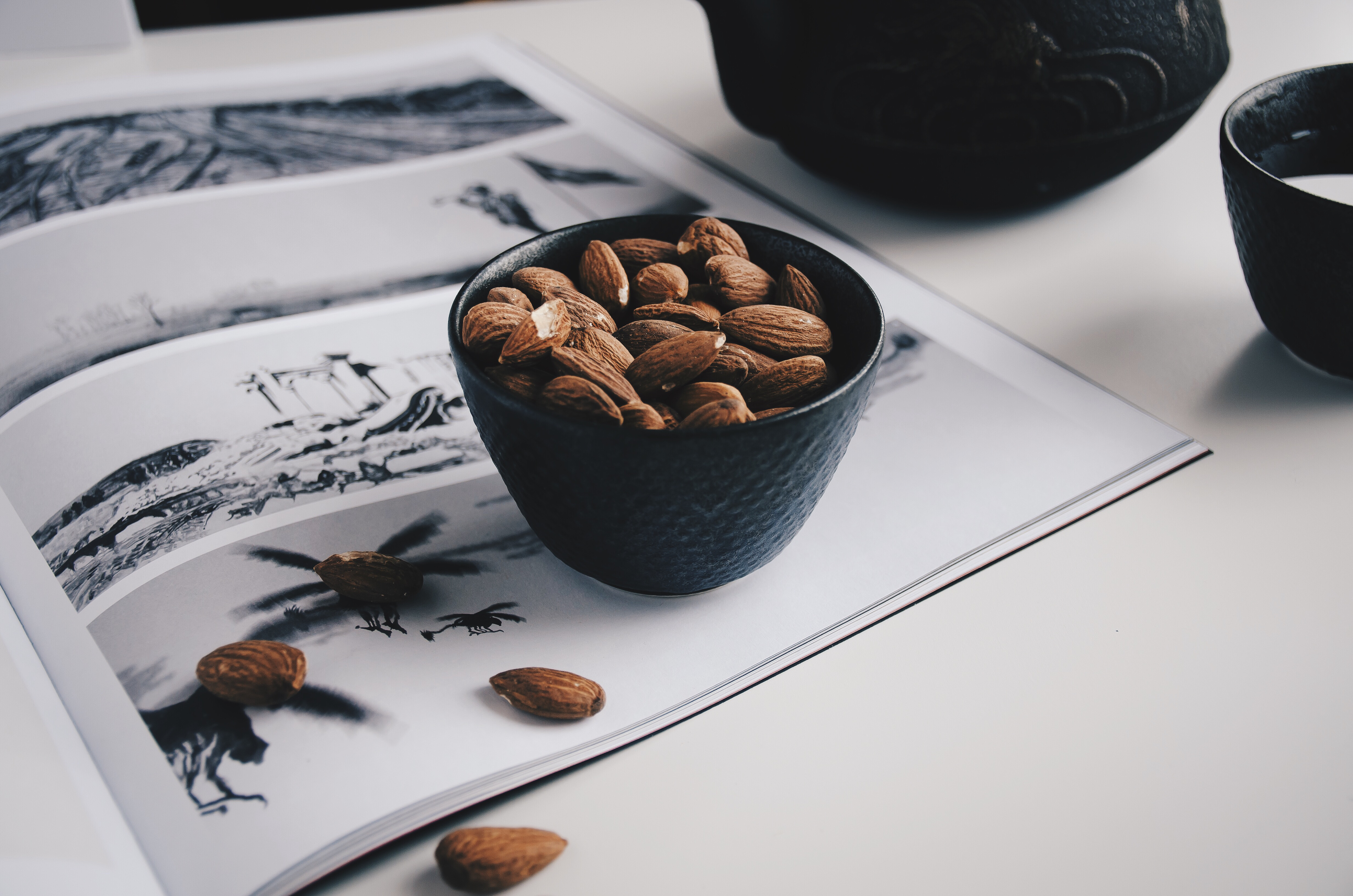 nuts, food, bowl, table, almond, magazine, journal
