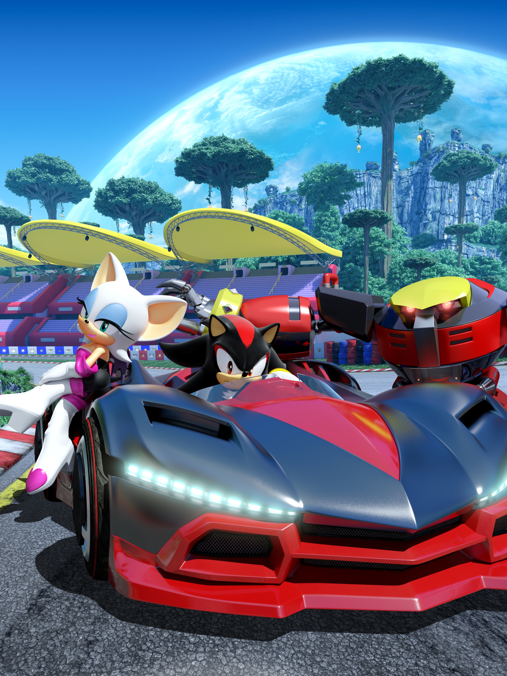 video game, team sonic racing, shadow the hedgehog, rouge the bat, e 123 omega