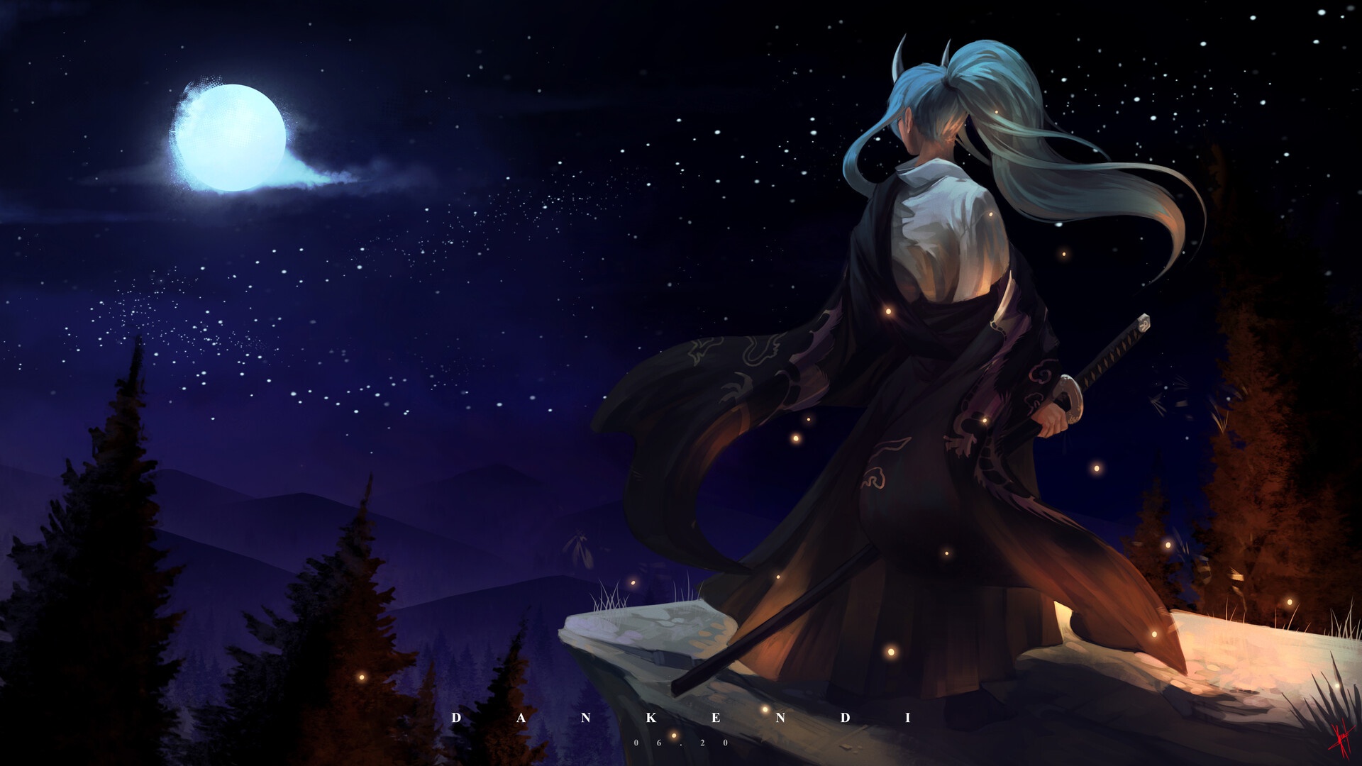 Free download wallpaper Fantasy, Night, Moon, Samurai, Blue Hair, Woman Warrior, Ponytail on your PC desktop