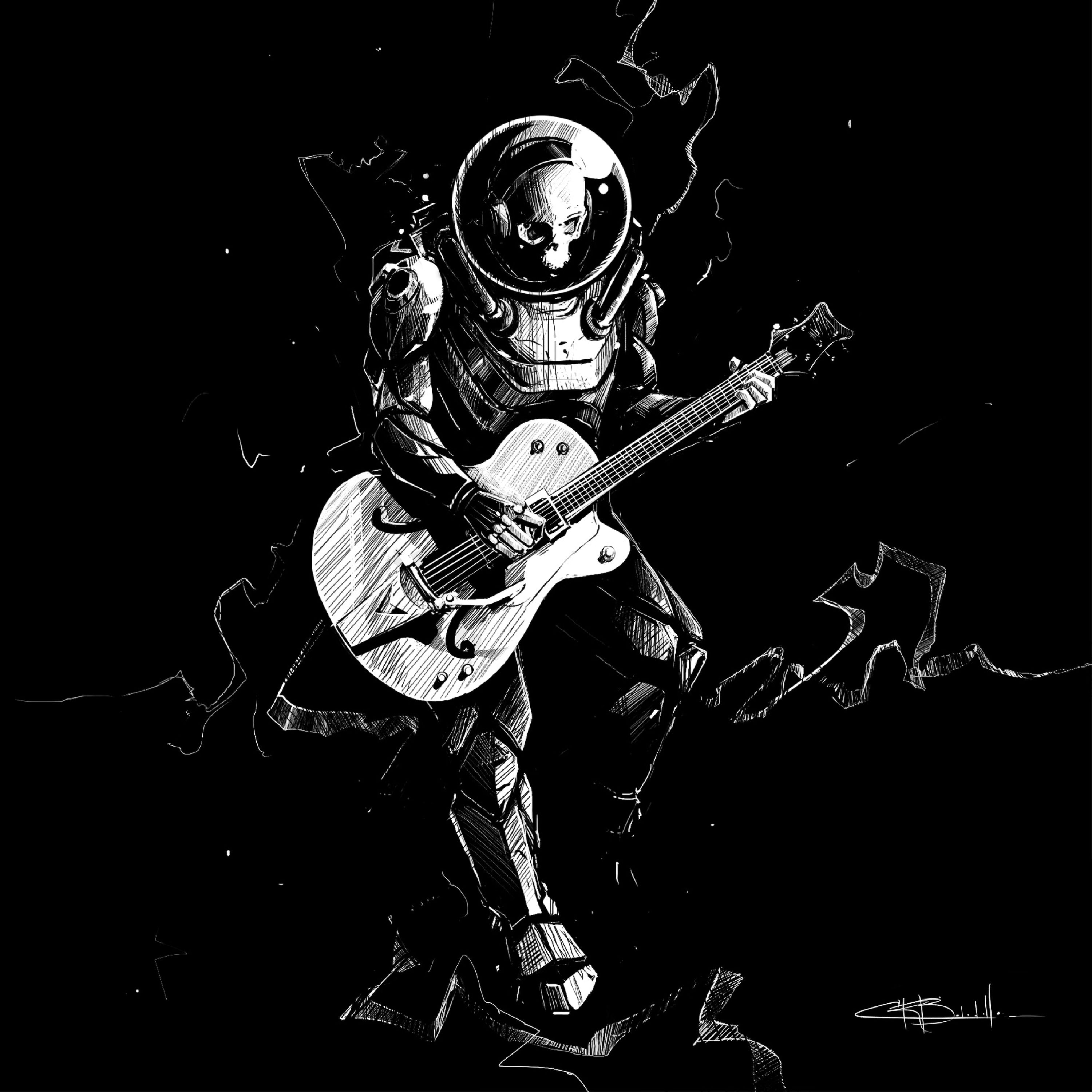guitar, art, bw, chb, guitar player, guitarist, spacesuit, space suit, skeleton