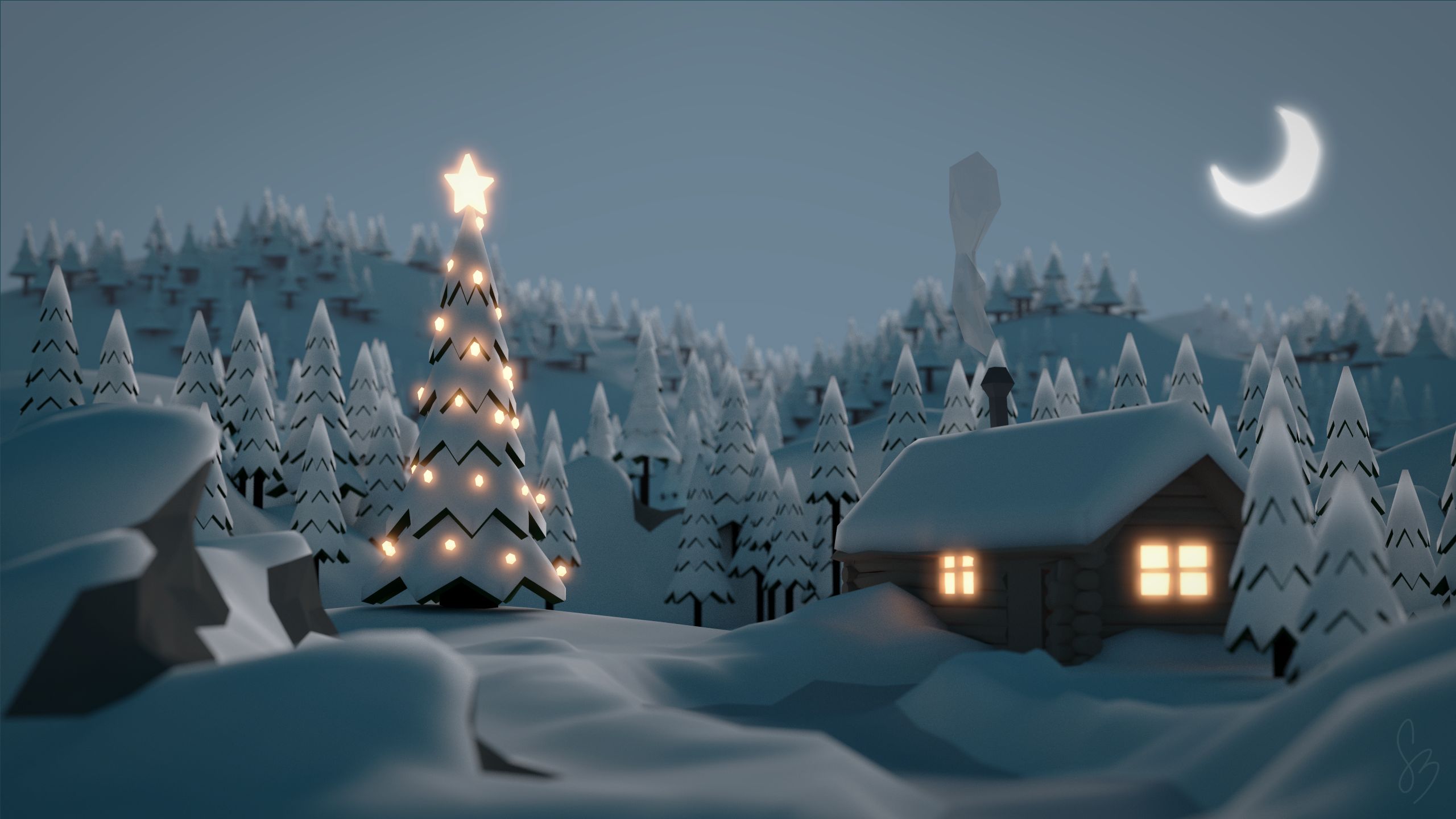 Free download wallpaper Winter, Moon, Snow, Forest, Tree, Christmas Tree, Artistic, Cabin on your PC desktop