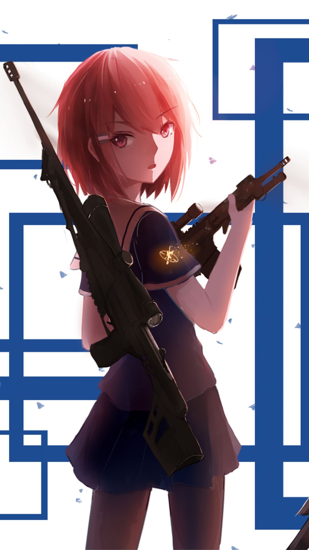 Download mobile wallpaper Anime, Weapon, Skirt, Original, School Uniform, Red Eyes, Gun, Short Hair, Red Hair for free.