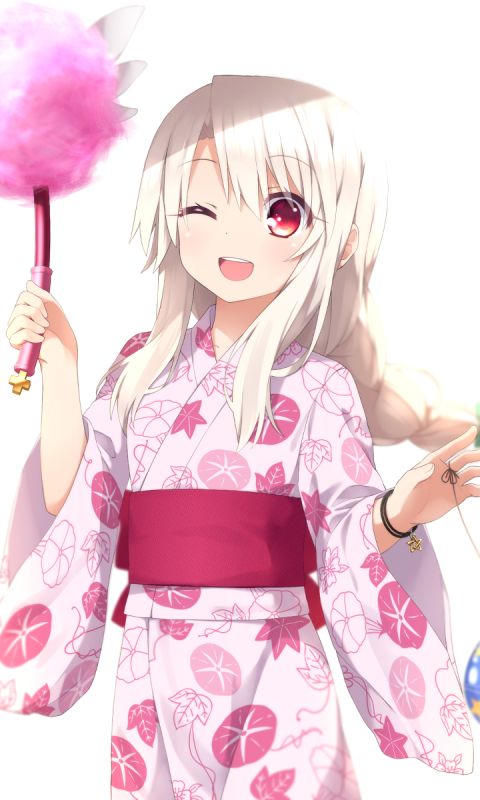 Download mobile wallpaper Anime, Smile, Kimono, Wink, Braid, Long Hair, White Hair, Fate (Series), Illyasviel Von Einzbern, Fate/kaleid Liner Prisma Illya, Fate Series for free.