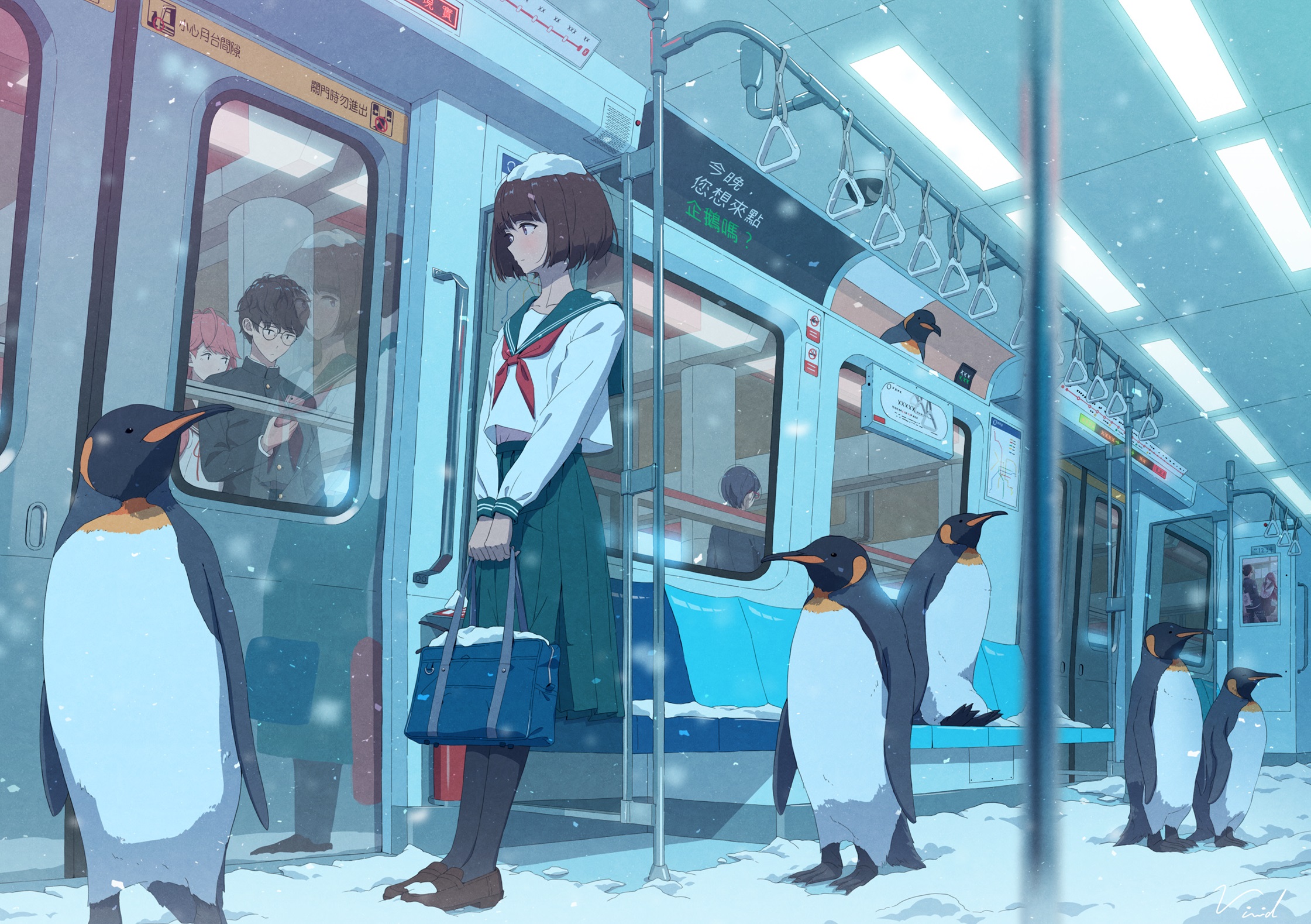 Free download wallpaper Anime, Girl, Penguin, School Uniform on your PC desktop